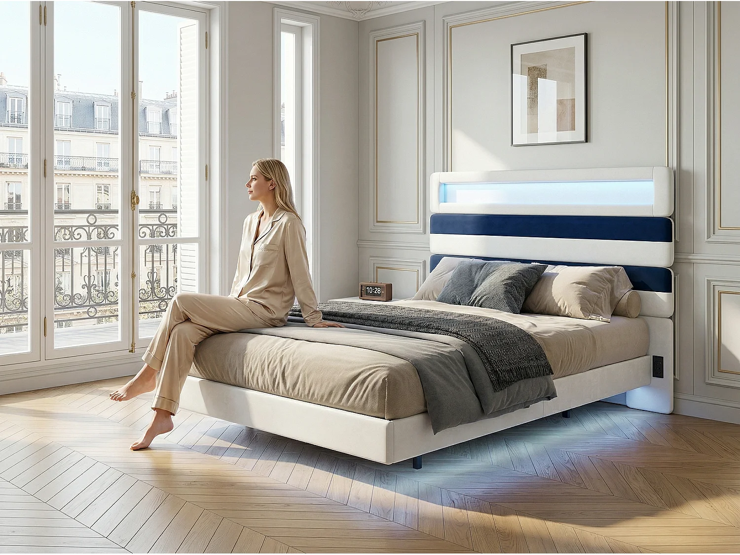 Lit 140x190 cm LED, lit moderne avec tête de lit modulable et double éclairage, cadre de lit avec sommier à lattes