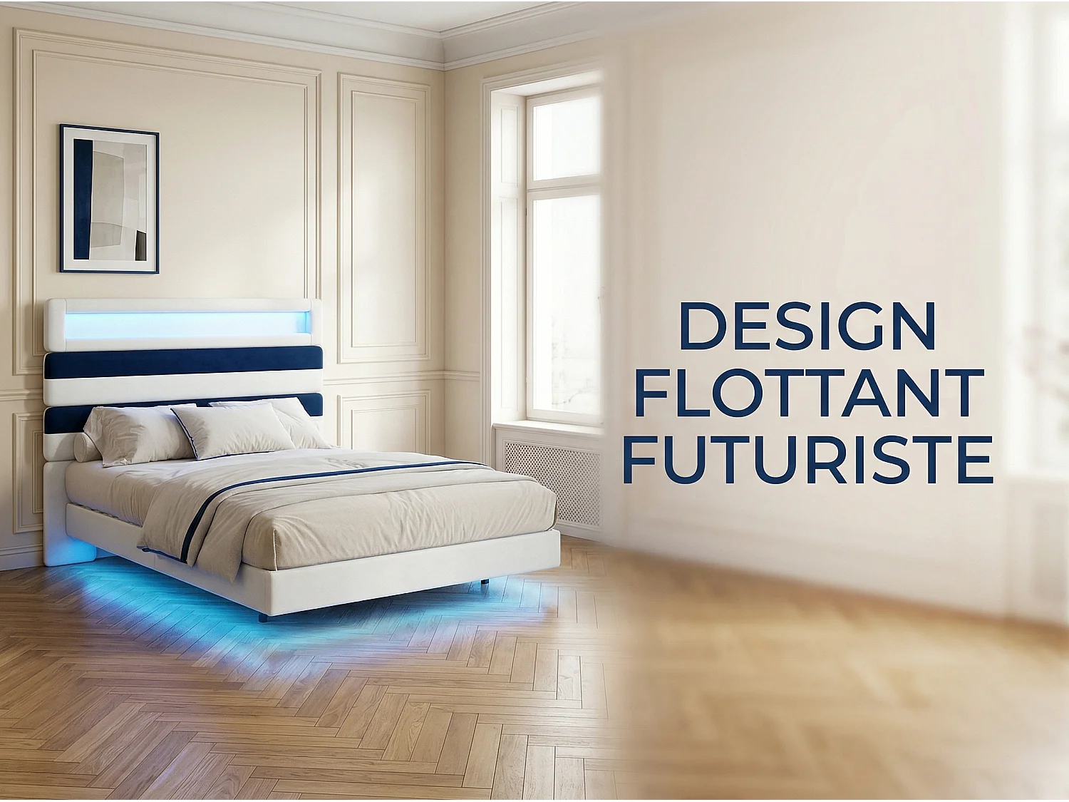 Lit 140x190 cm LED, lit moderne avec tête de lit modulable et double éclairage, cadre de lit avec sommier à lattes