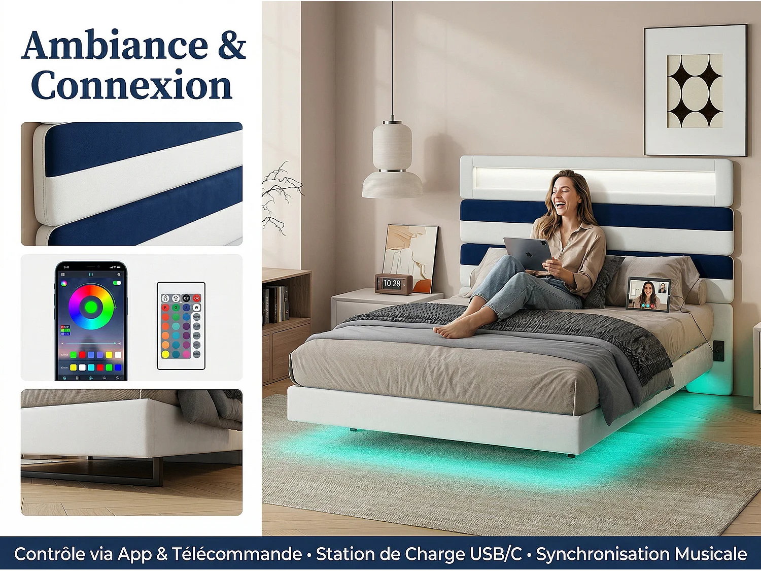 Lit 140x190 cm LED, lit moderne avec tête de lit modulable et double éclairage, cadre de lit avec sommier à lattes