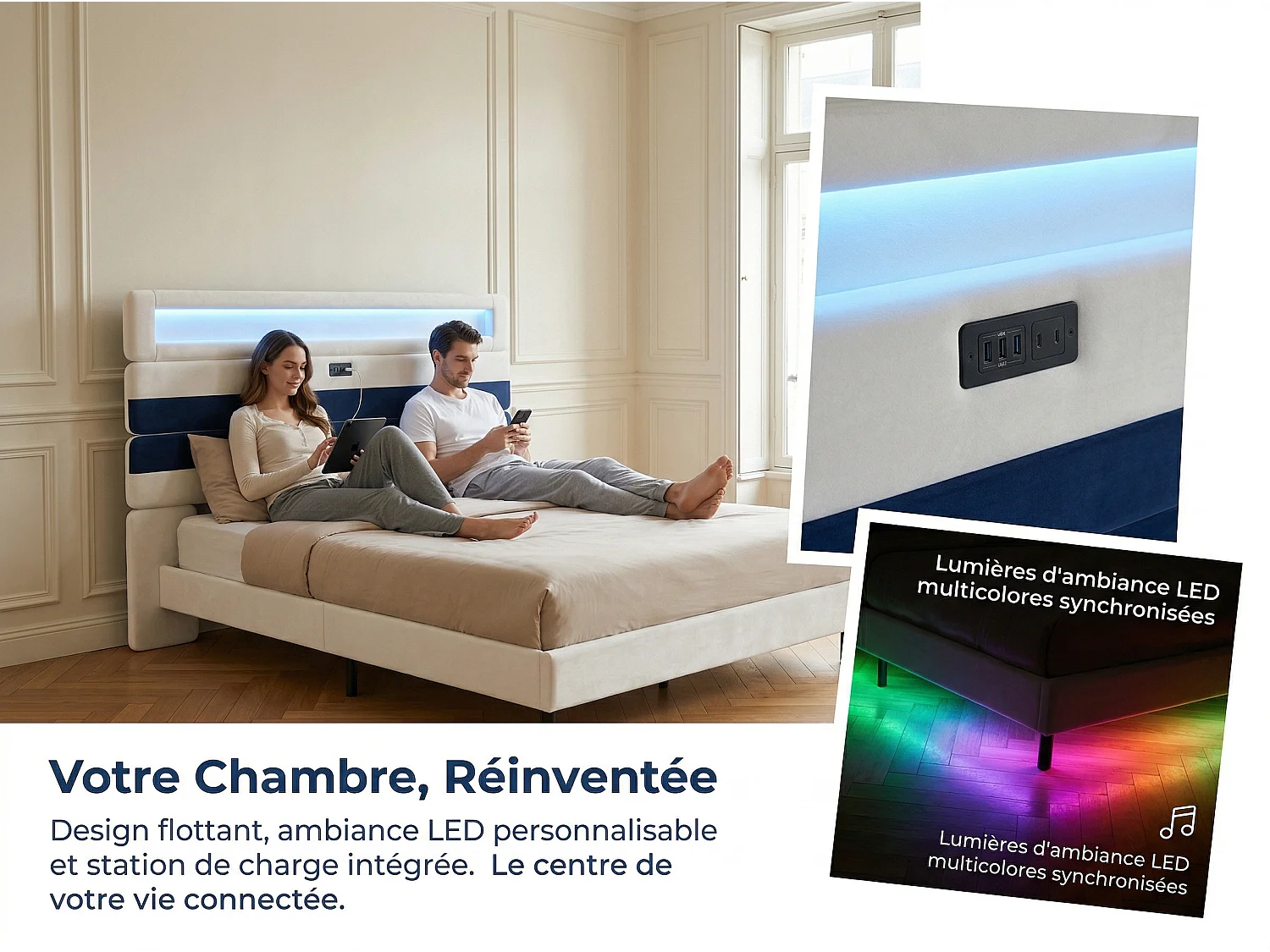 Lit coffre 140x190 cm en tissu lin avec LED - tête de lit réglable et double éclairage - avec sommier à lattes - Bleu
