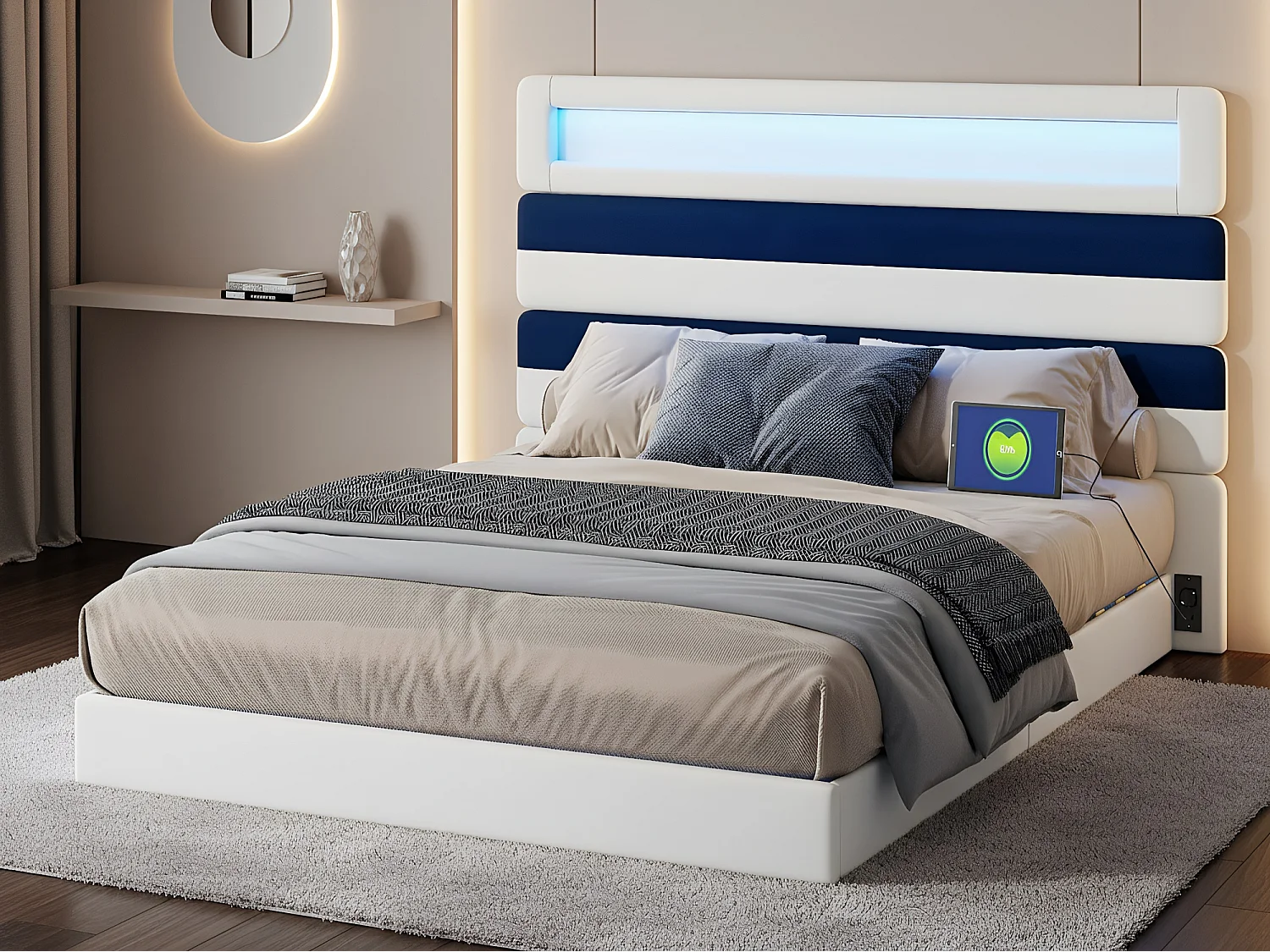 Lit coffre 140x190 cm en tissu lin avec LED - tête de lit réglable et double éclairage - avec sommier à lattes - Bleu