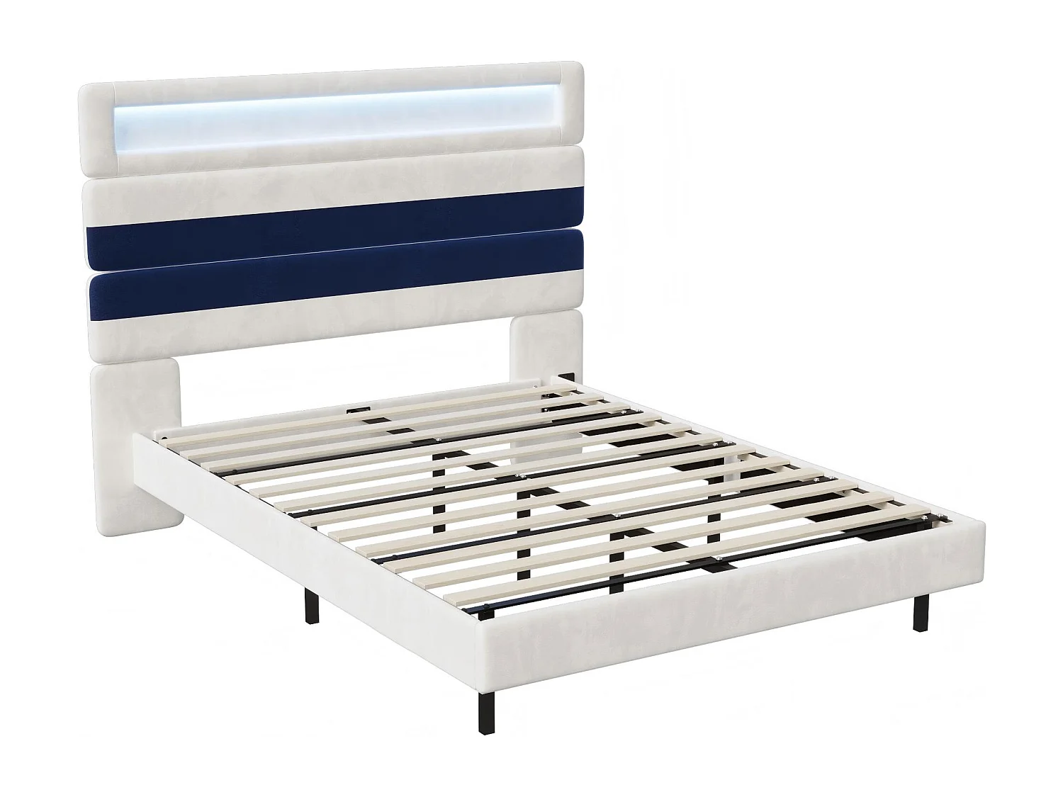 Lit coffre 140x190 cm en tissu lin avec LED - tête de lit réglable et double éclairage - avec sommier à lattes - Bleu