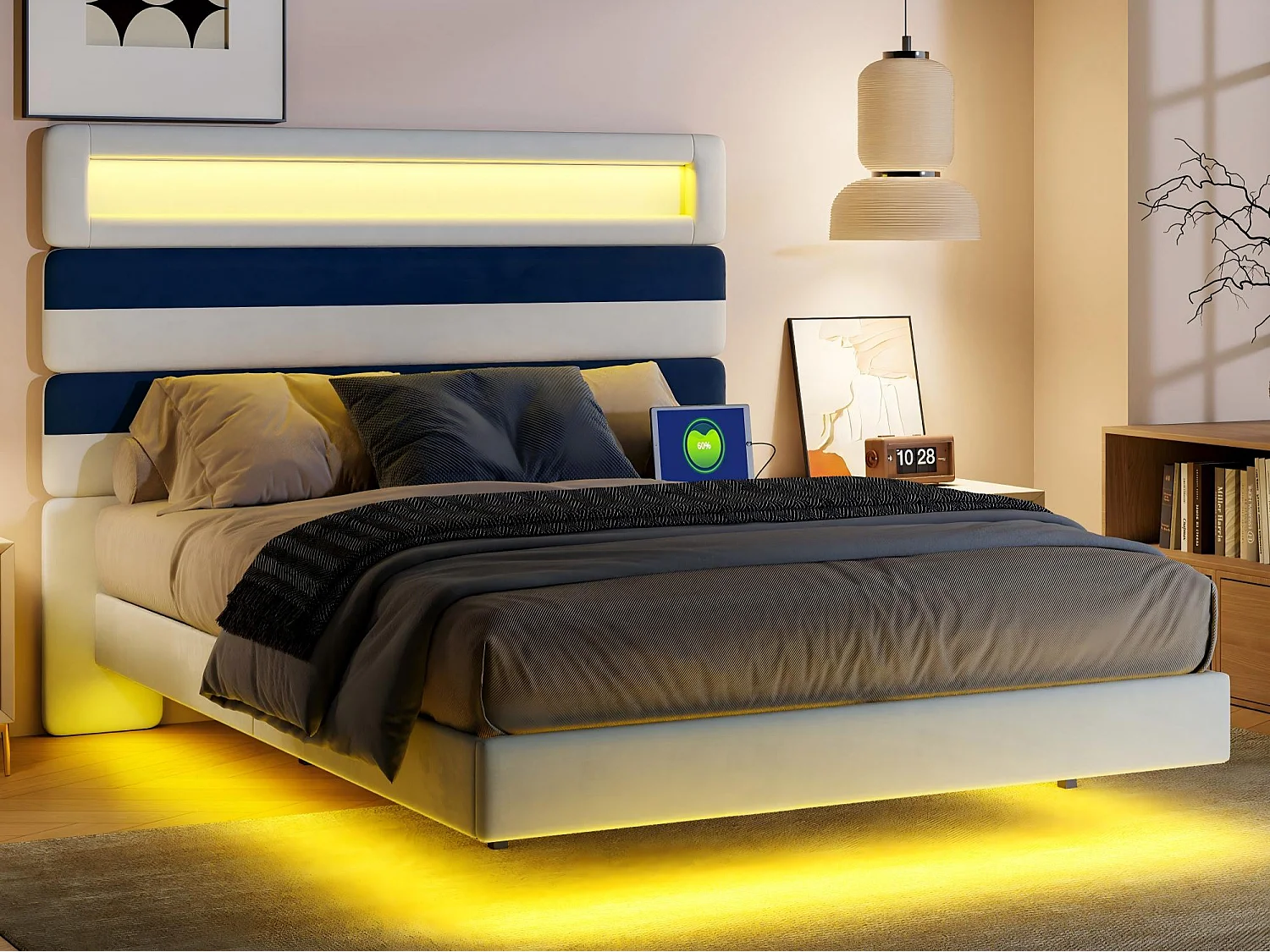 Lit coffre 140x190 cm en tissu lin avec LED - tête de lit réglable et double éclairage - avec sommier à lattes - Bleu