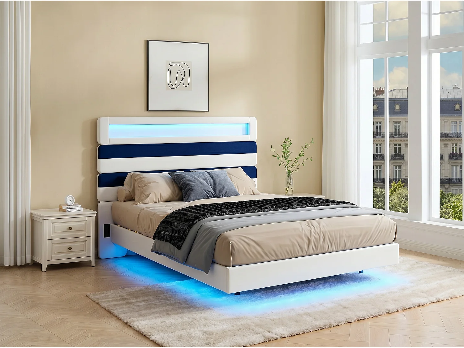Lit coffre 140x190 cm en tissu lin avec LED - tête de lit réglable et double éclairage - avec sommier à lattes - Bleu