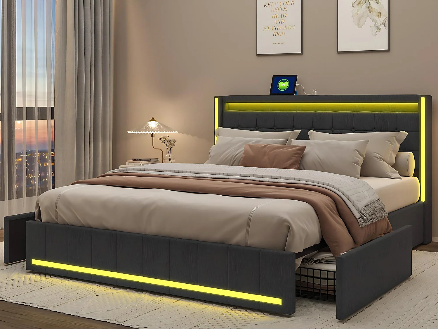 Lit 140x200 avec tiroirs, LED, USB Type-C, lit rangement avec roulettes, cadre de lit en tissu lin