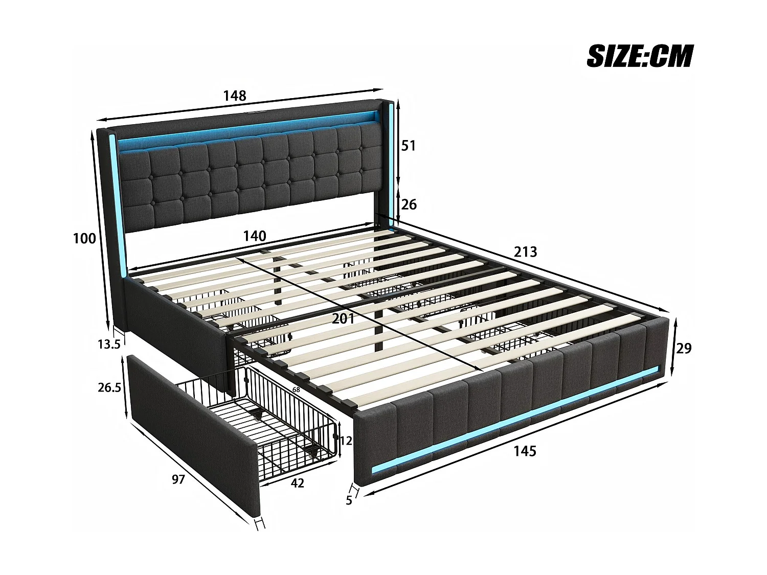 Lit 140x200 avec tiroirs, LED, USB Type-C, lit rangement avec roulettes, cadre de lit en tissu lin