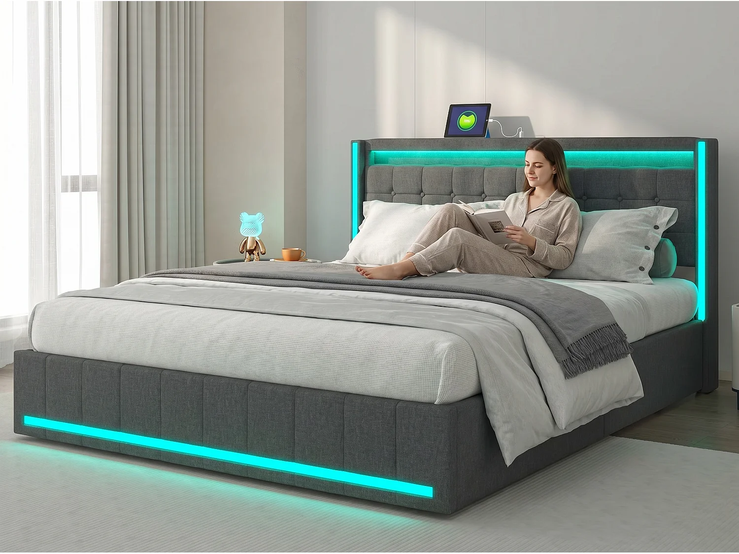 Lit 140x200 cm - Tiroirs de rangement avec roulettes - LED intégrée - USB Type-C - Cadre de lit en tissu lin