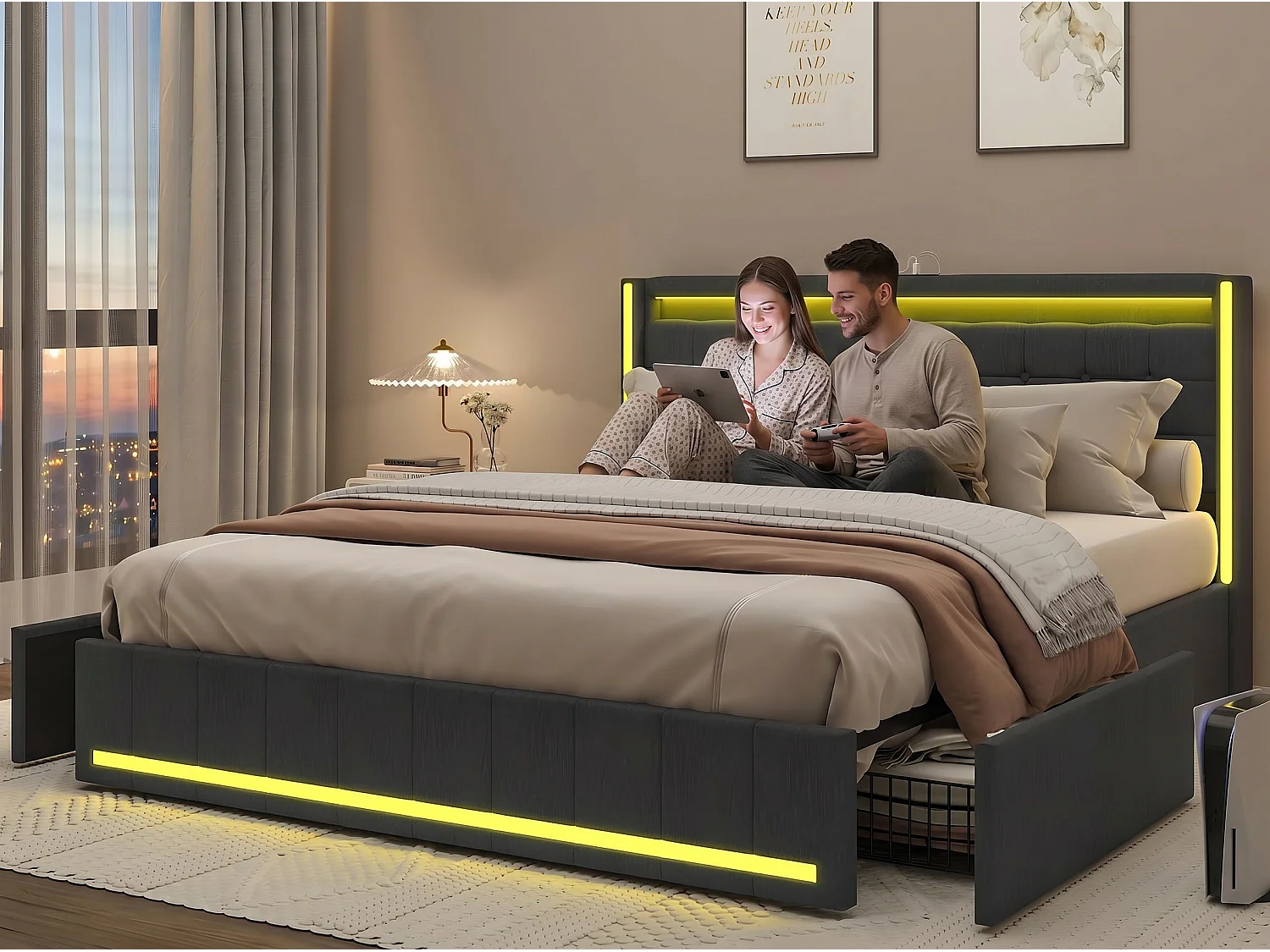 Lit 140x200 cm - Tiroirs de rangement avec roulettes - LED intégrée - USB Type-C - Cadre de lit en tissu lin