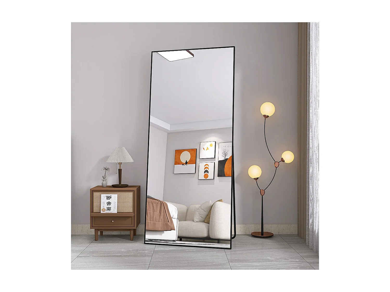 Miroir sur pied noir 180 x 80 cm, grand miroir plein pied, miroir de chambre à poser, cadre fin en métal, style moderne minimaliste