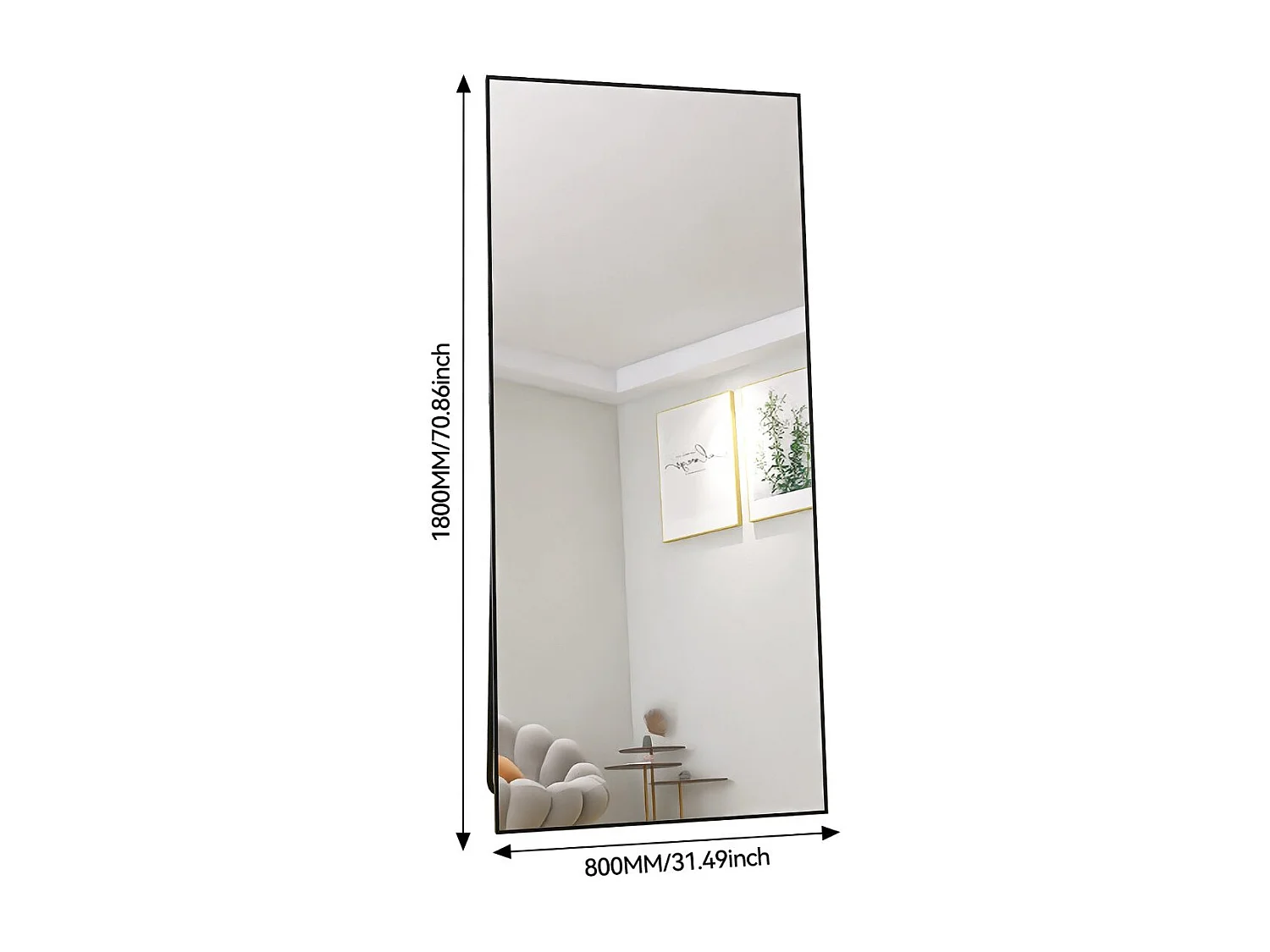 Miroir sur pied noir 180 x 80 cm, grand miroir plein pied, miroir de chambre à poser, cadre fin en métal, style moderne minimaliste