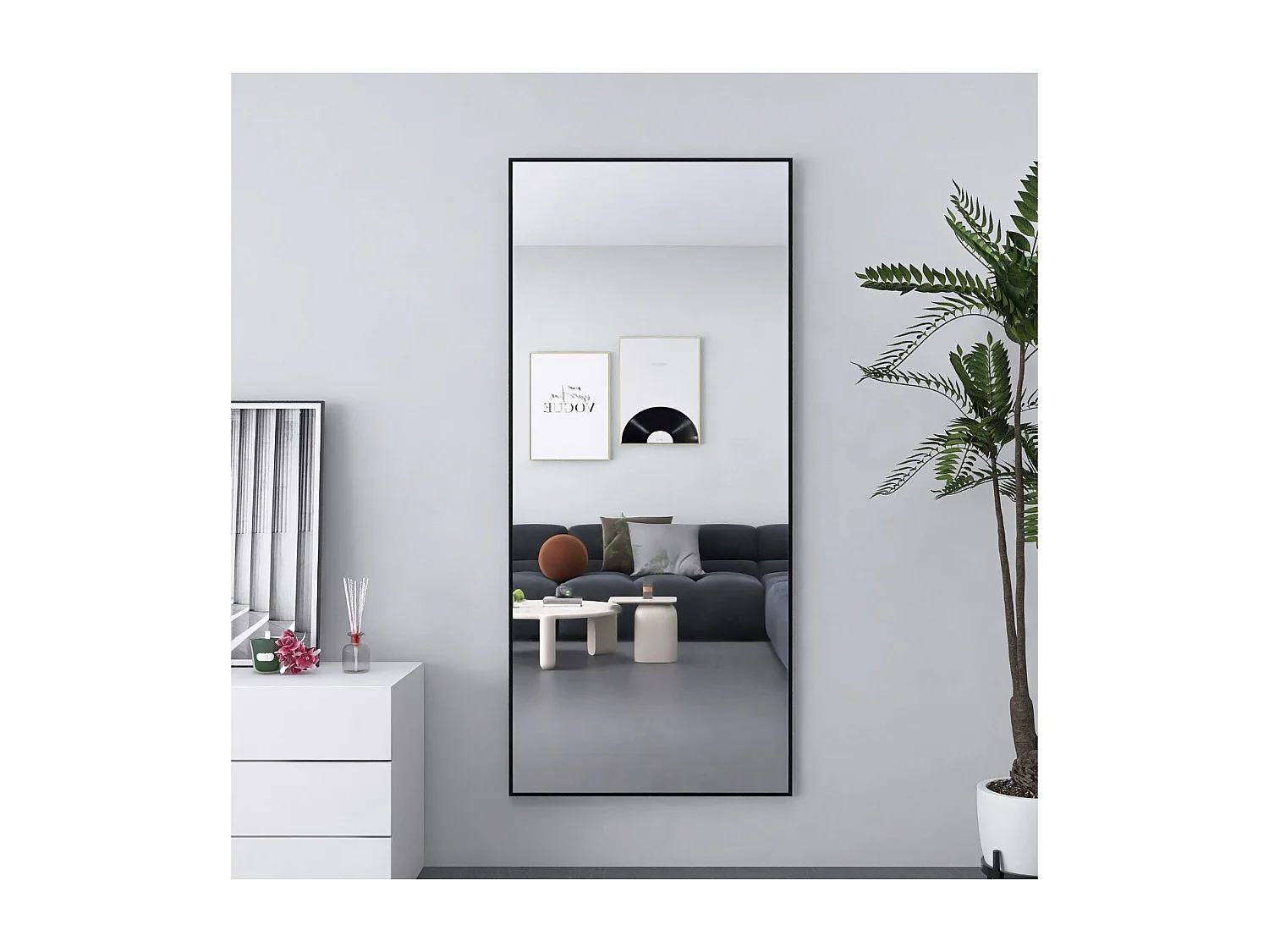 Miroir sur pied noir 180 x 80 cm, grand miroir plein pied, miroir de chambre à poser, cadre fin en métal, style moderne minimaliste