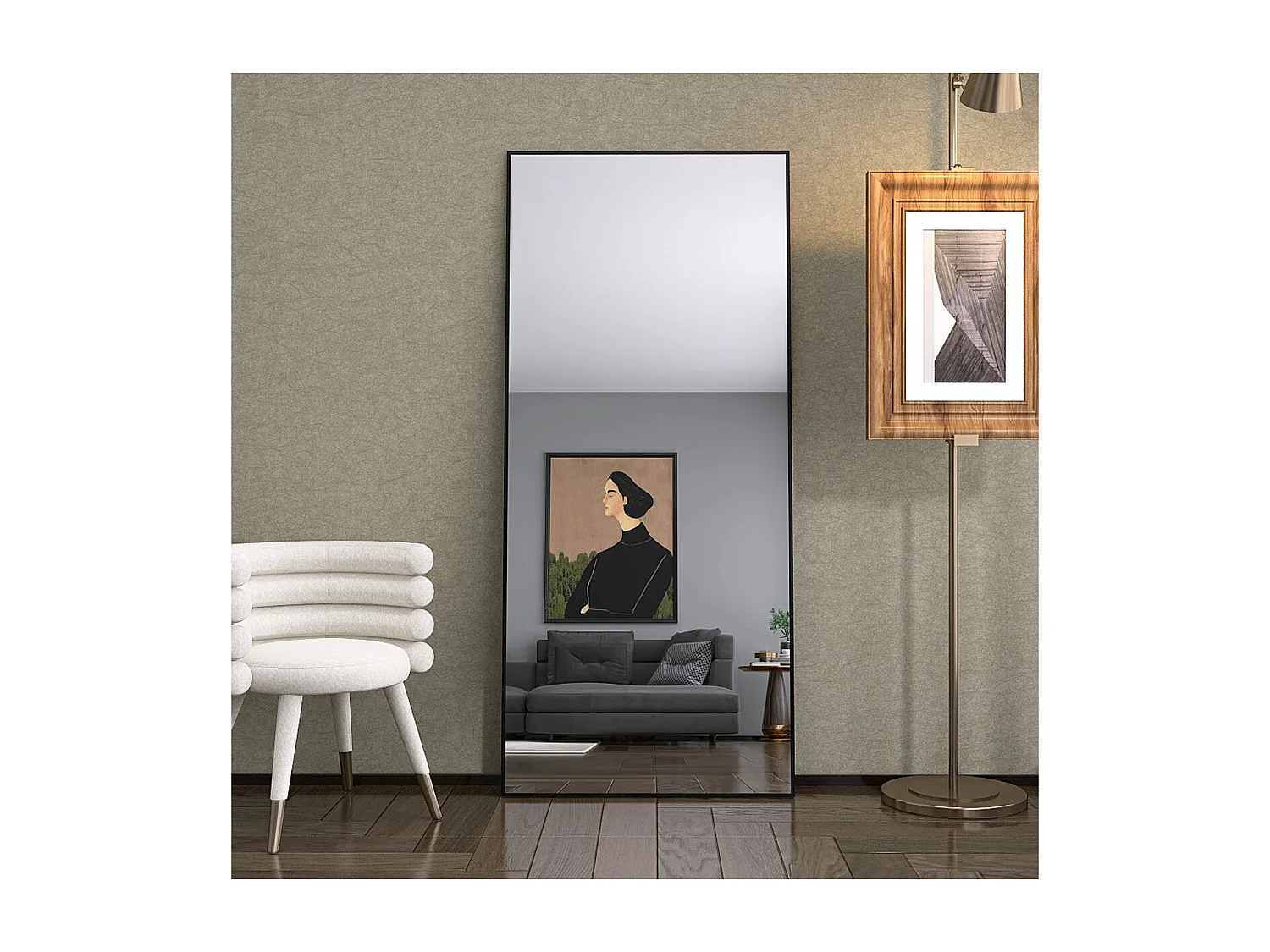 Miroir sur pied noir 180 x 80 cm, grand miroir plein pied, miroir de chambre à poser, cadre fin en métal, style moderne minimaliste