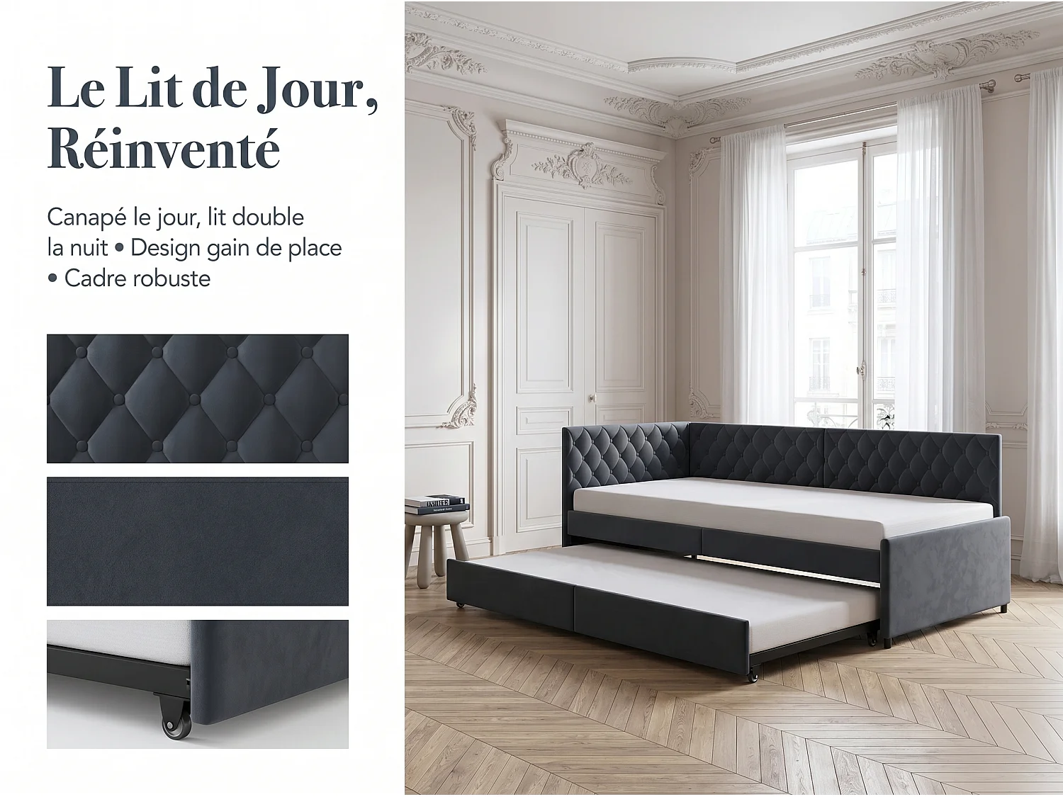 Canapé d’angle convertible 3 places - avec lit gigogne et espace de rangement - tissu gris - solution gain de place