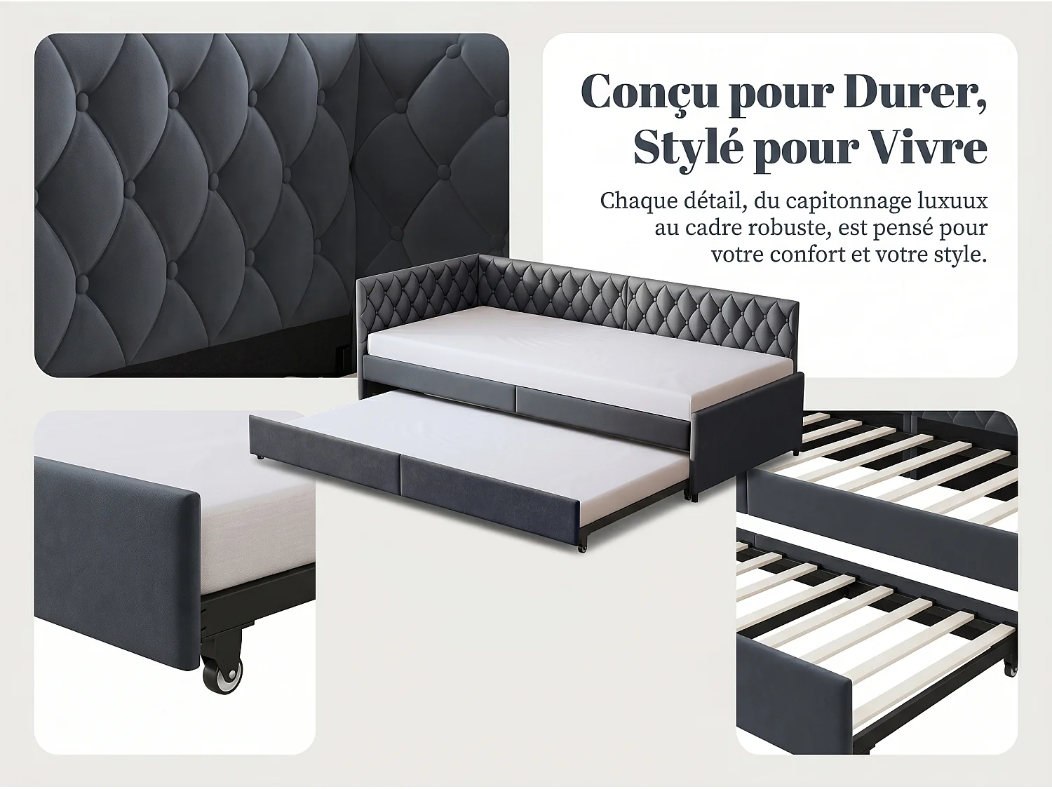 Canapé d’angle convertible 3 places - avec lit gigogne et espace de rangement - tissu gris - solution gain de place