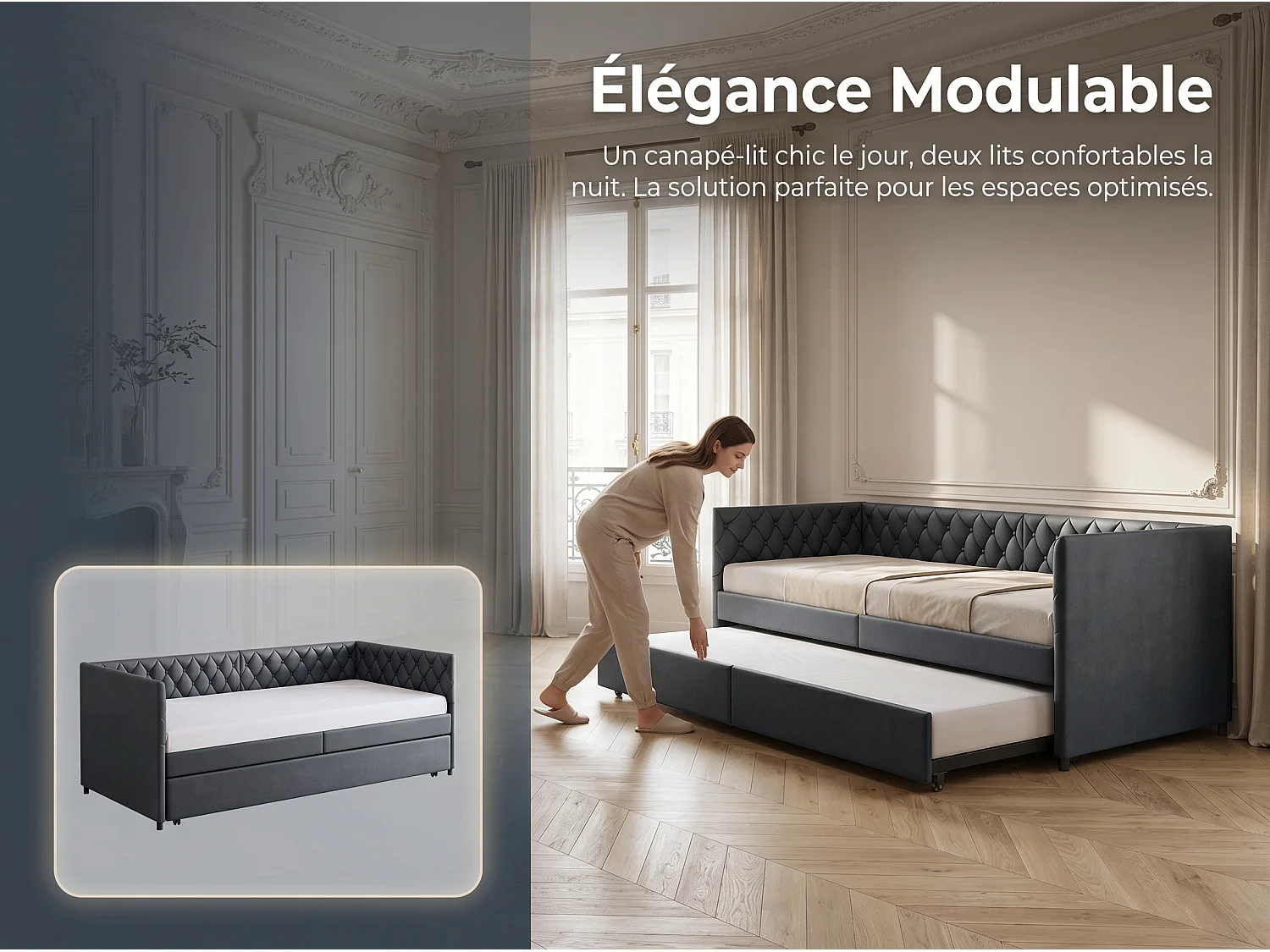 Canapé d’angle convertible 3 places - avec lit gigogne et espace de rangement - tissu gris - solution gain de place
