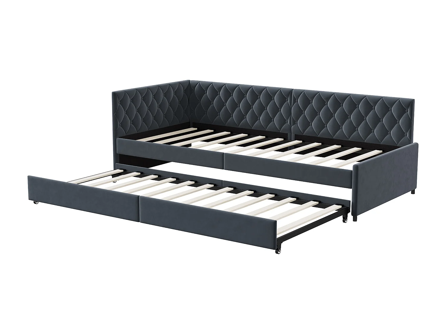 Canapé d’angle convertible 3 places - avec lit gigogne et espace de rangement - tissu gris - solution gain de place