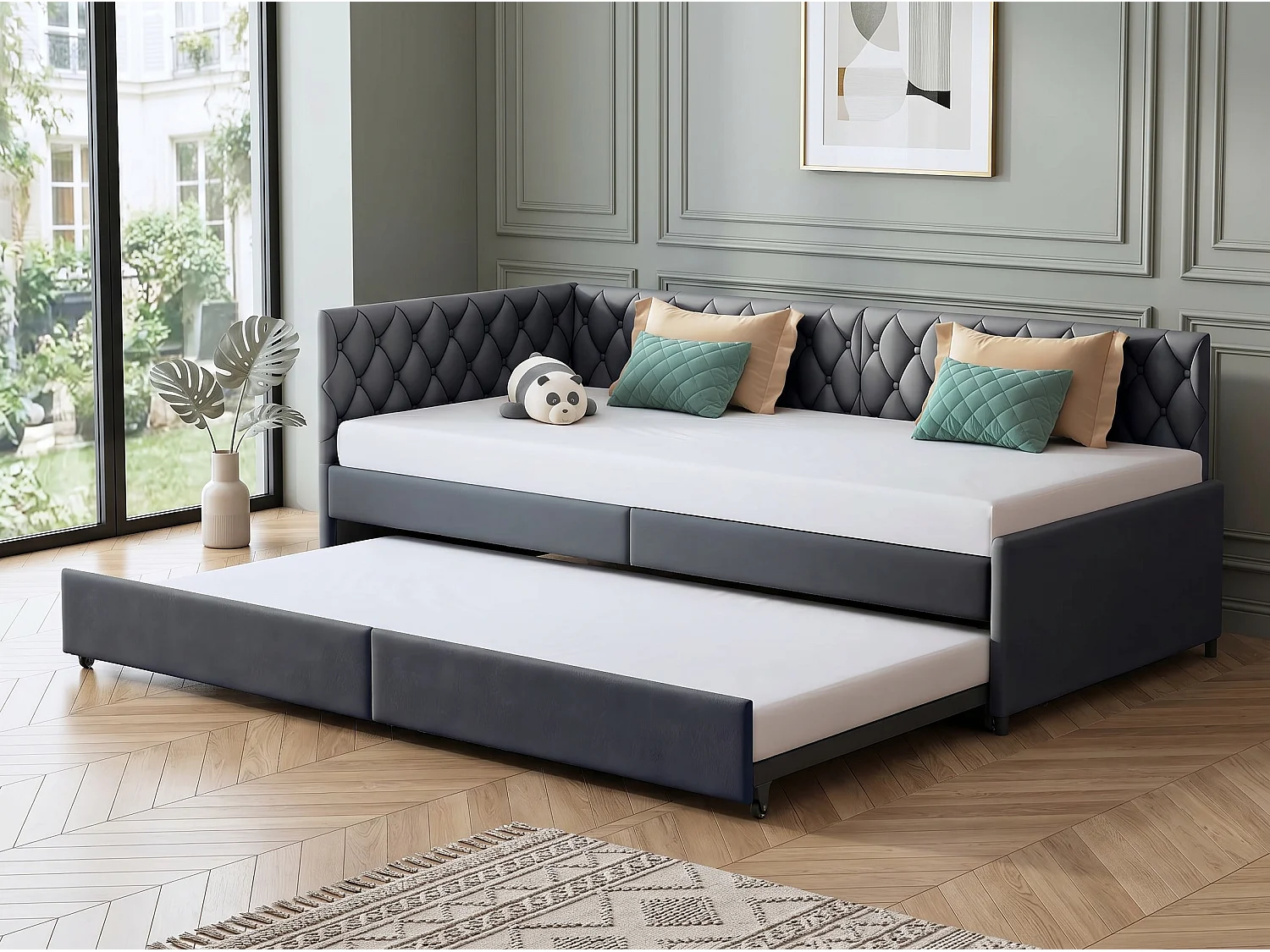 Canapé d’angle convertible 3 places - avec lit gigogne et espace de rangement - tissu gris - solution gain de place
