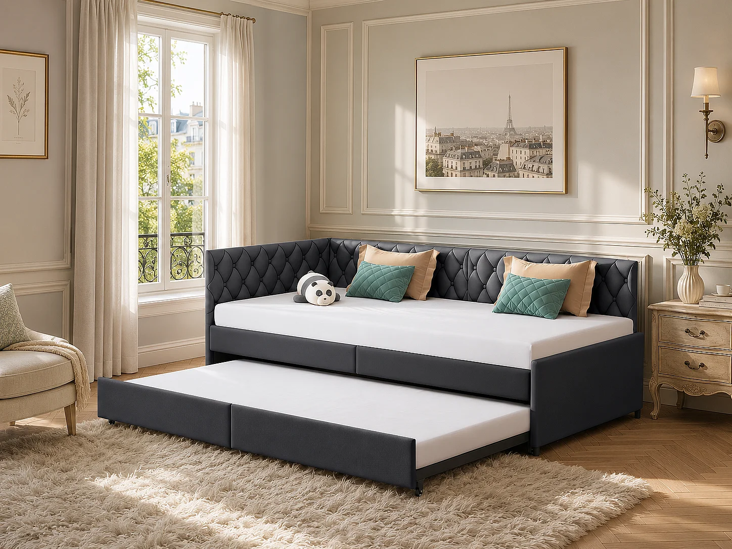 Canapé d’angle convertible 3 places - avec lit gigogne et espace de rangement - tissu gris - solution gain de place