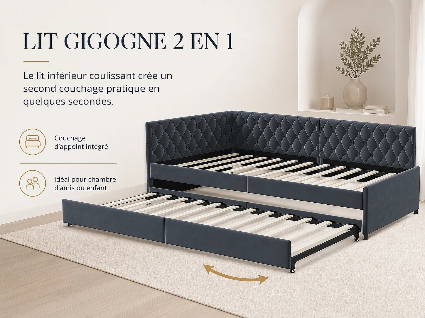 Canapé d’angle convertible 3 places - avec lit gigogne et espace de rangement - tissu gris - solution gain de place