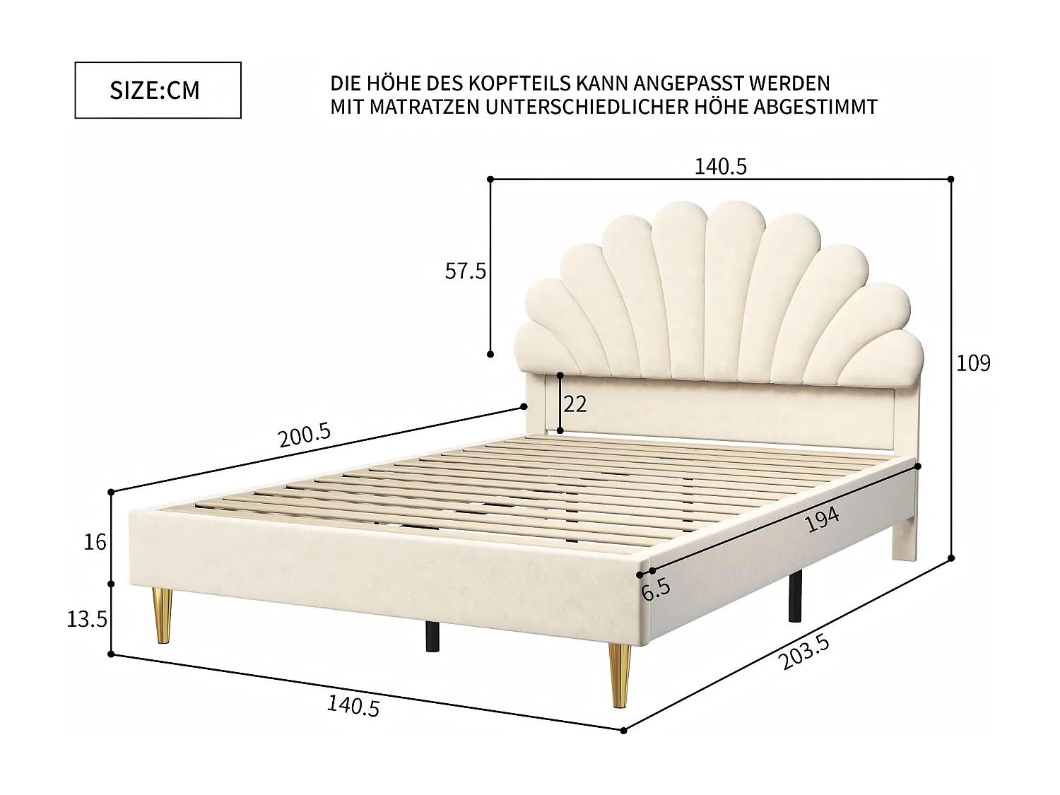 Lit rembourré velours beige tête de lit coquillage, lit double design chic, style moderne pieds dorés