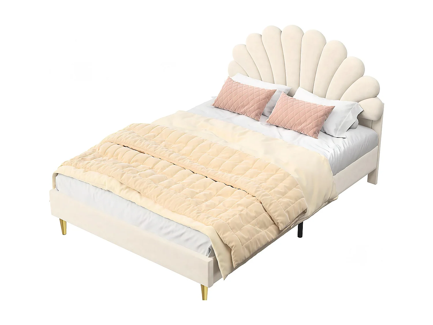 Lit double rembourré 140x200 cm beige avec tête de lit coquillage et pieds dorés