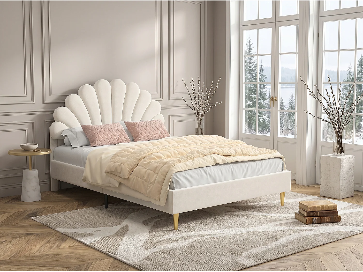Lit double rembourré 140x200 cm beige avec tête de lit coquillage et pieds dorés