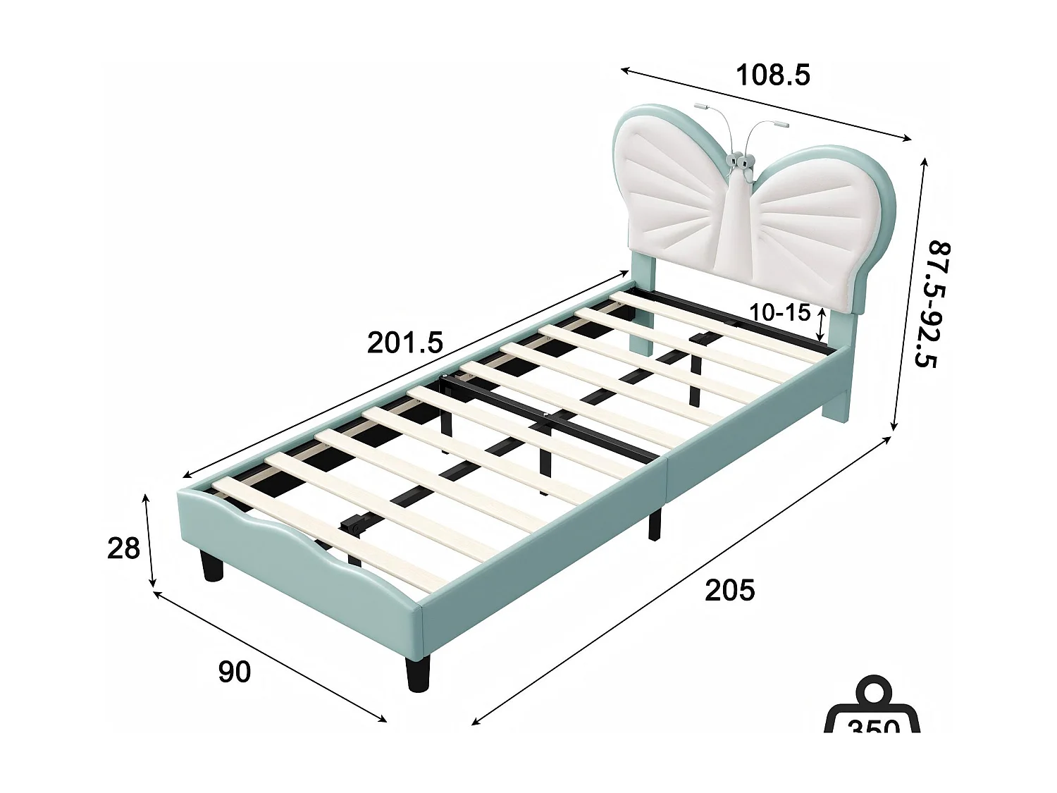 Lit 90x200 enfant avec LED, lit rembourré velours, tête de lit papillon réglable, sommier à lattes