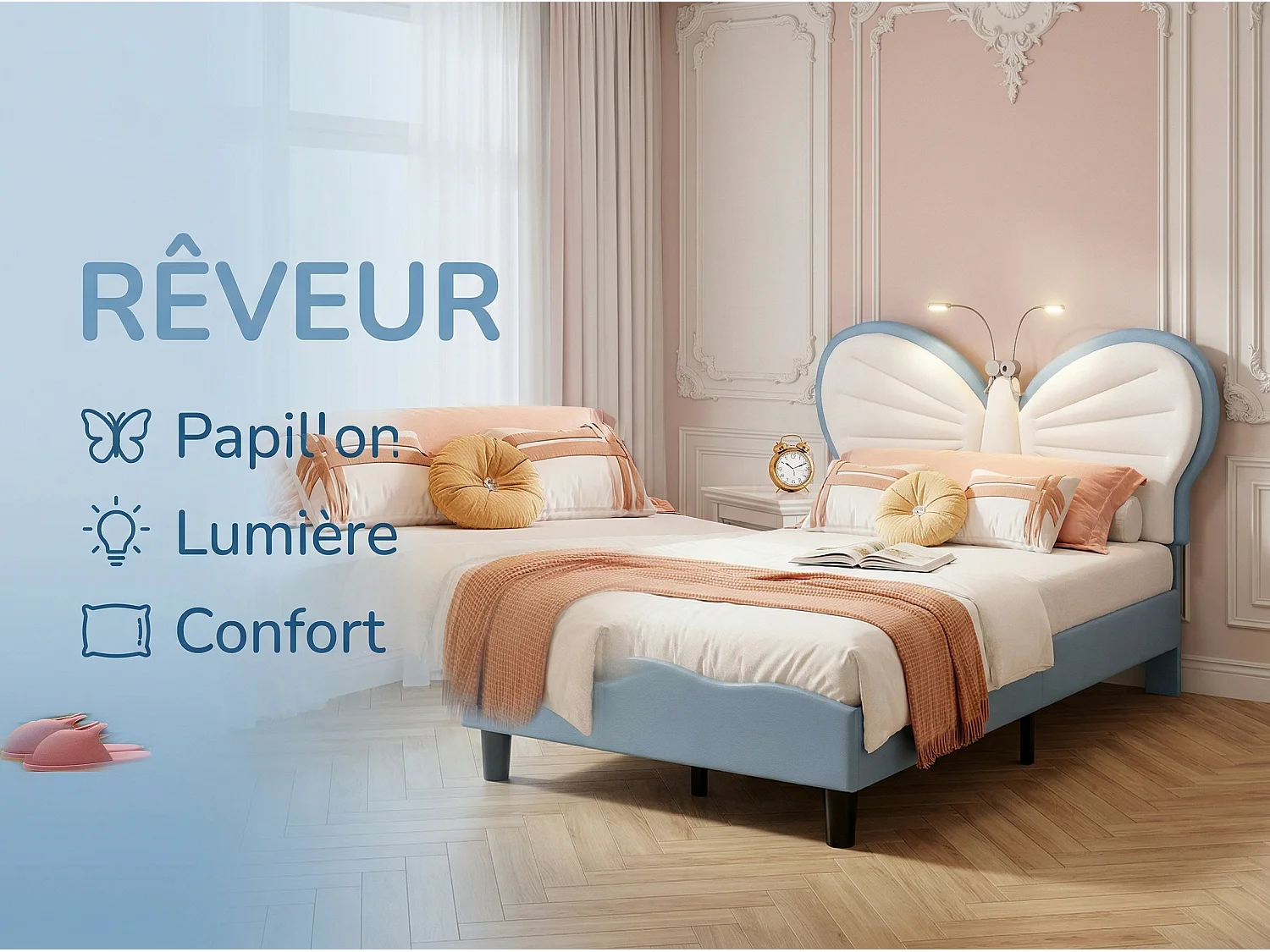 Lit 90x200 enfant avec LED, lit rembourré velours, tête de lit papillon réglable, sommier à lattes