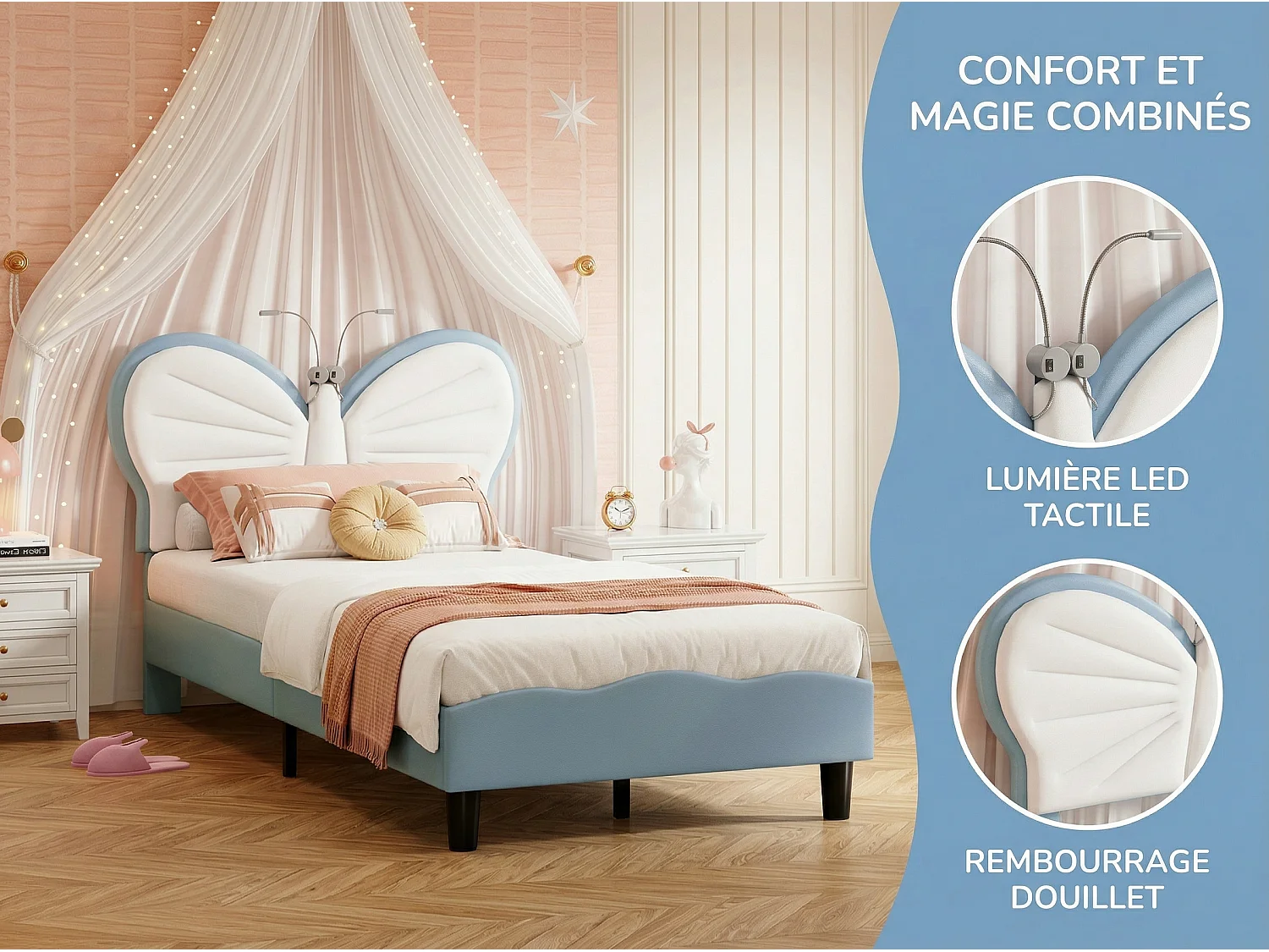 Lit 90x200 enfant avec LED, lit rembourré velours, tête de lit papillon réglable, sommier à lattes
