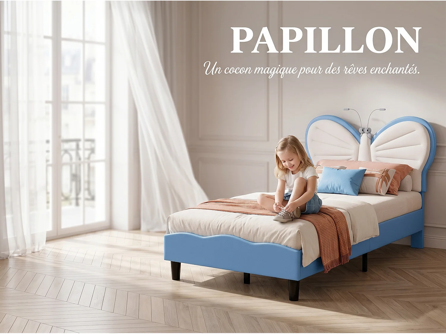 Lit enfant 90x200 cm - LED intégrée - Velours - Tête de lit papillon réglable - Sommier à lattes inclus