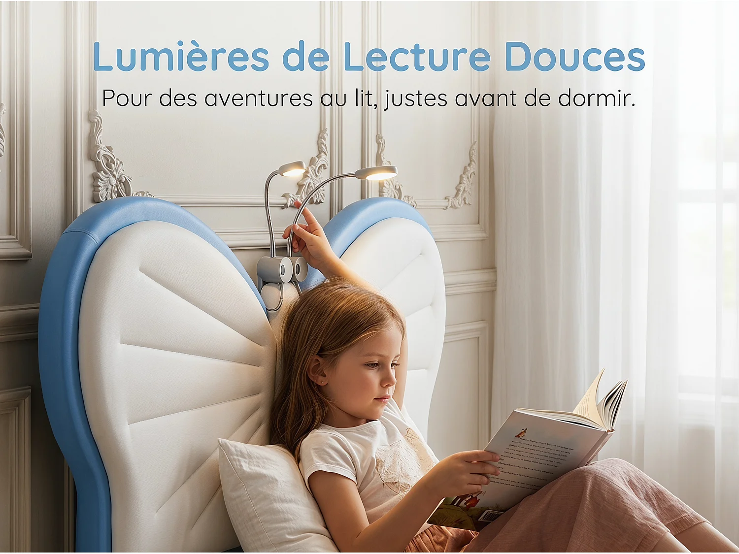 Lit enfant 90x200 cm - LED intégrée - Velours - Tête de lit papillon réglable - Sommier à lattes inclus