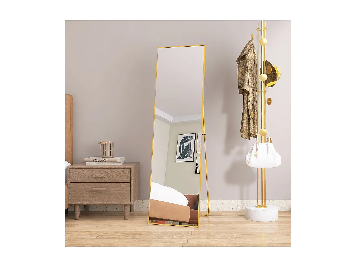 Miroir sur pied doré 140 x 40 cm, grand miroir plein pied, miroir de chambre à poser, cadre fin en aluminium, style moderne élégant