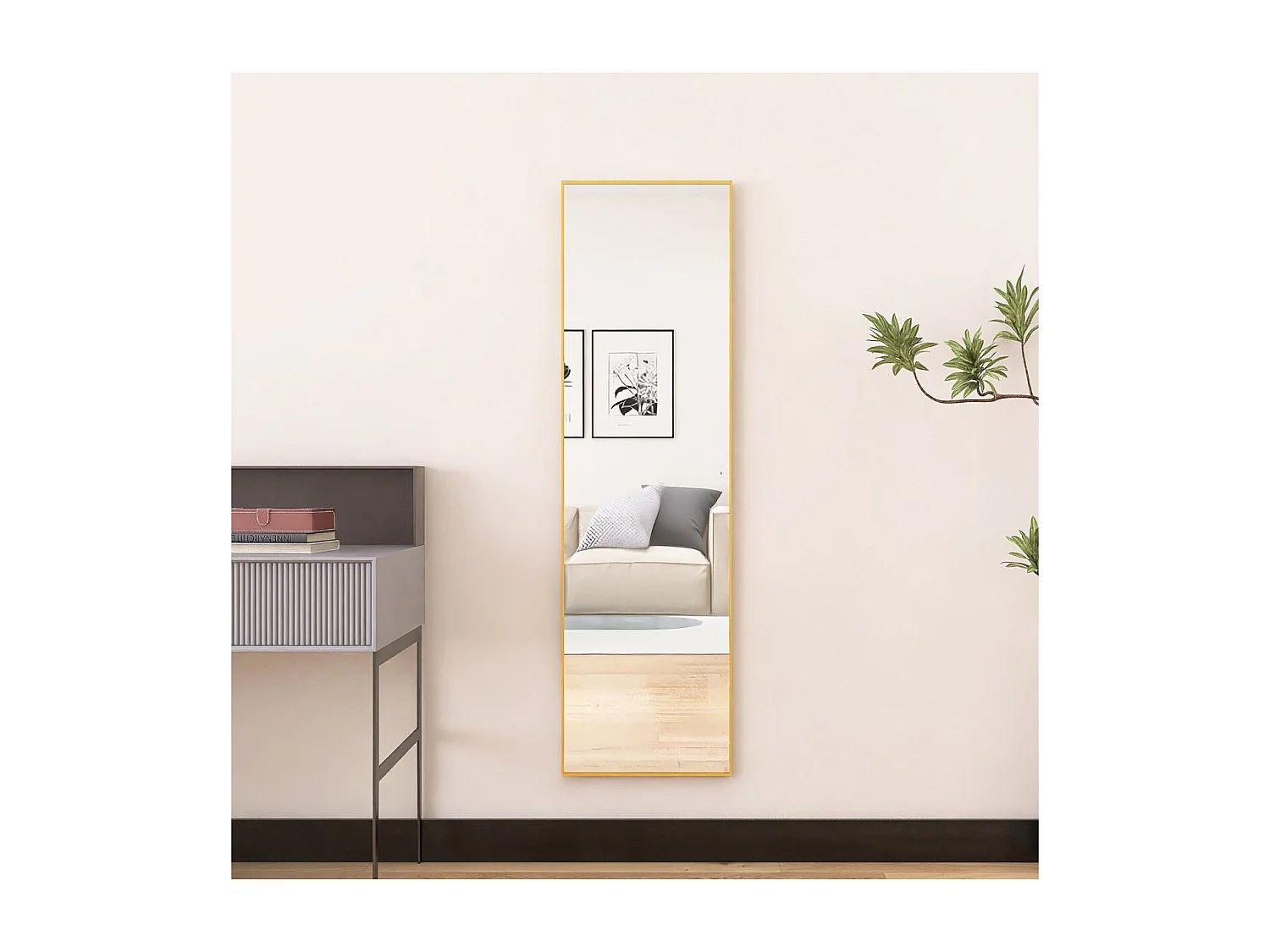 Miroir sur pied doré 140 x 40 cm, grand miroir plein pied, miroir de chambre à poser, cadre fin en aluminium, style moderne élégant