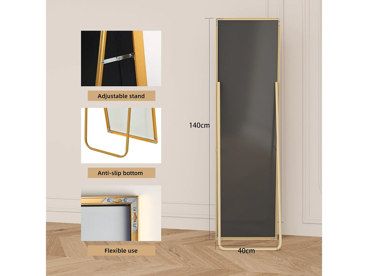 Miroir sur pied  140 x 40 cm - cadre fin en aluminium - grand miroir plein pied - doré
