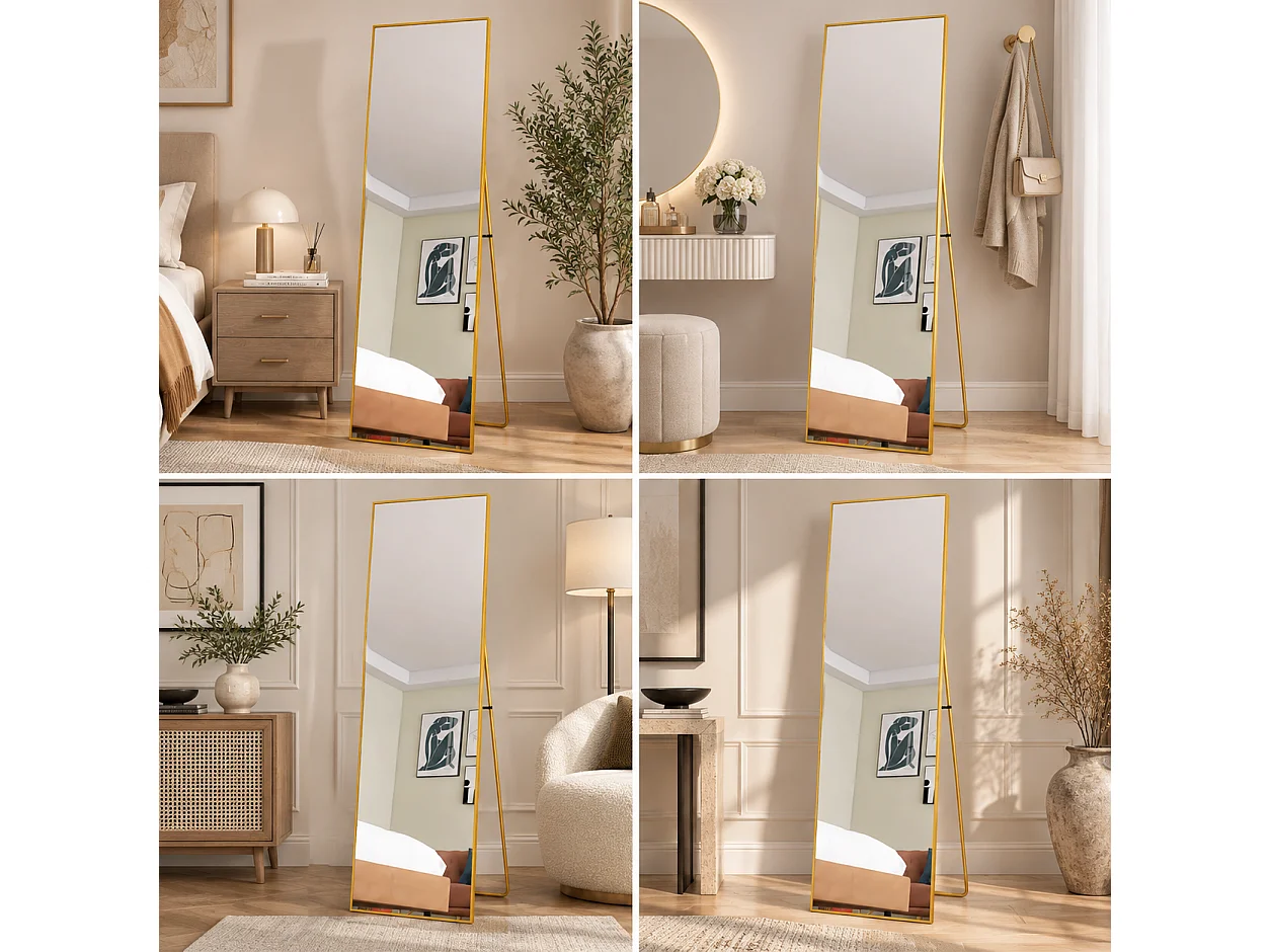 Miroir sur pied  140 x 40 cm - cadre fin en aluminium - grand miroir plein pied - doré