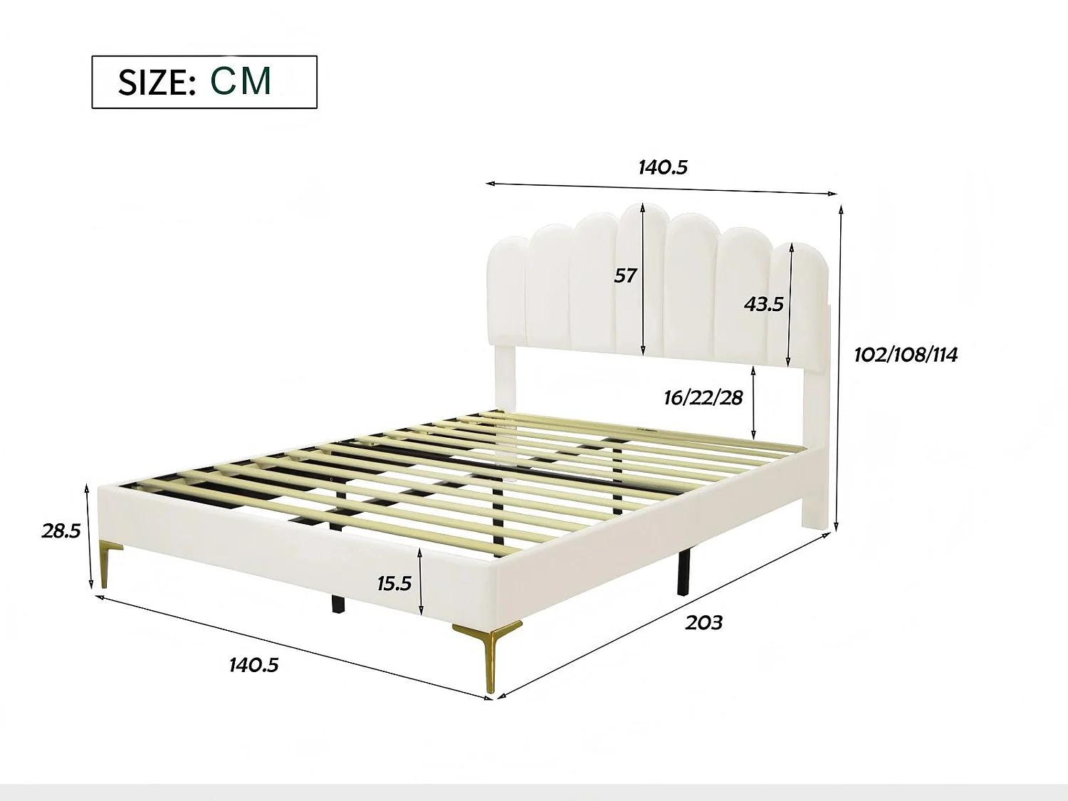 Lit double rembourré en velours - 140x200cm - tête de lit en forme de fleur - avec sommier à lattes - Beige