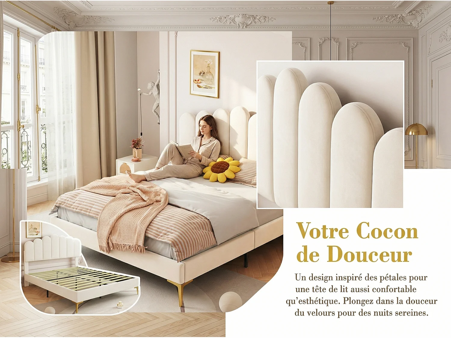 Lit double rembourré en velours - 140x200cm - tête de lit en forme de fleur - avec sommier à lattes - Beige