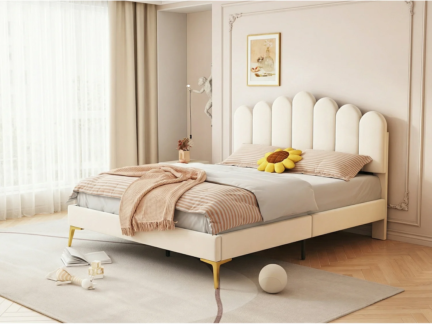 Lit double rembourré en velours - 140x200cm - tête de lit en forme de fleur - avec sommier à lattes - Beige
