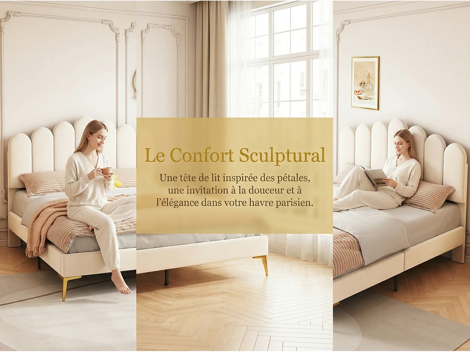 Lit double rembourré en velours - 140x200cm - tête de lit en forme de fleur - avec sommier à lattes - Beige