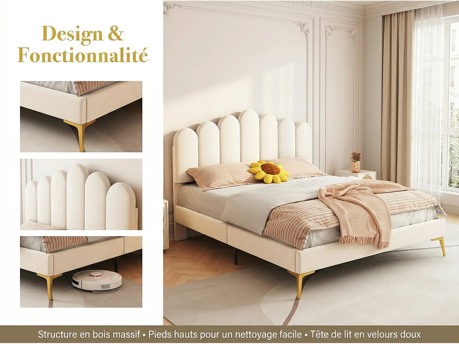 Lit double rembourré en velours - 140x200cm - tête de lit en forme de fleur - avec sommier à lattes - Beige