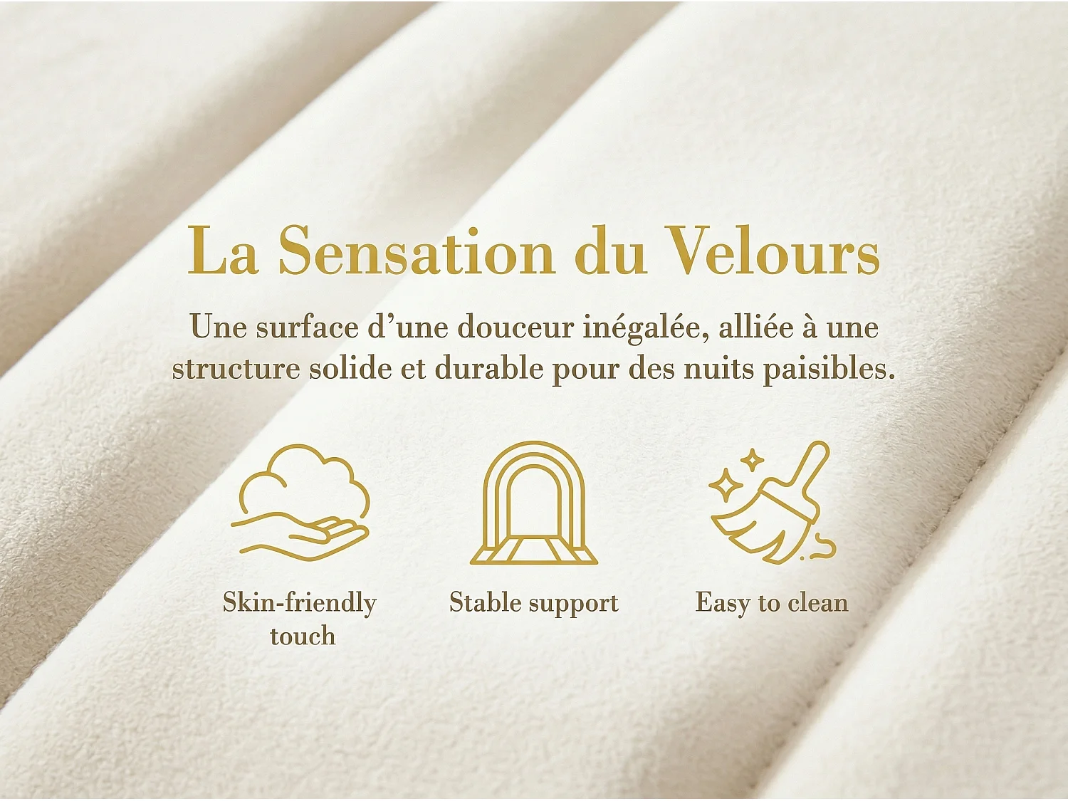 Lit double rembourré en velours - 140x200cm - tête de lit en forme de fleur - avec sommier à lattes - Beige
