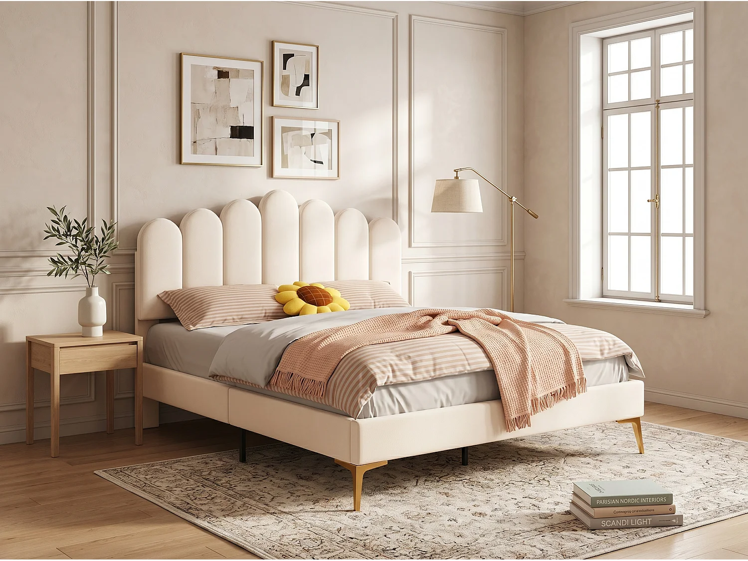 Lit double rembourré en velours - 140x200cm - tête de lit en forme de fleur - avec sommier à lattes - Beige