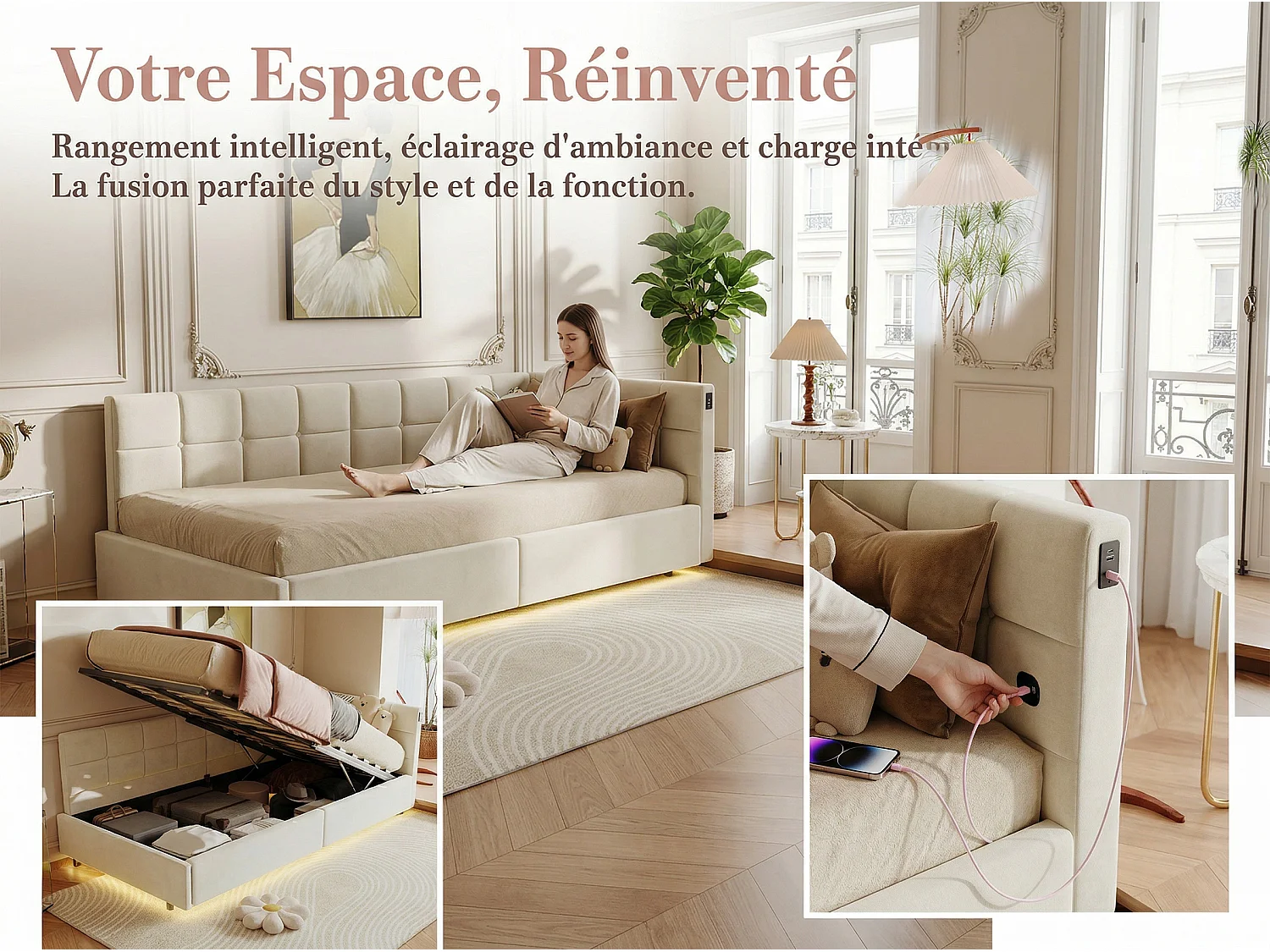 Canapé-lit 90x200 cm avec LED, USB et sommier à lattes – Tissu beige