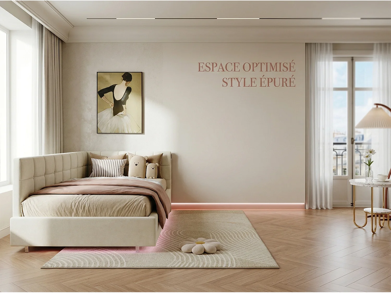 Canapé-lit 90x200 cm avec LED, USB et sommier à lattes – Tissu beige
