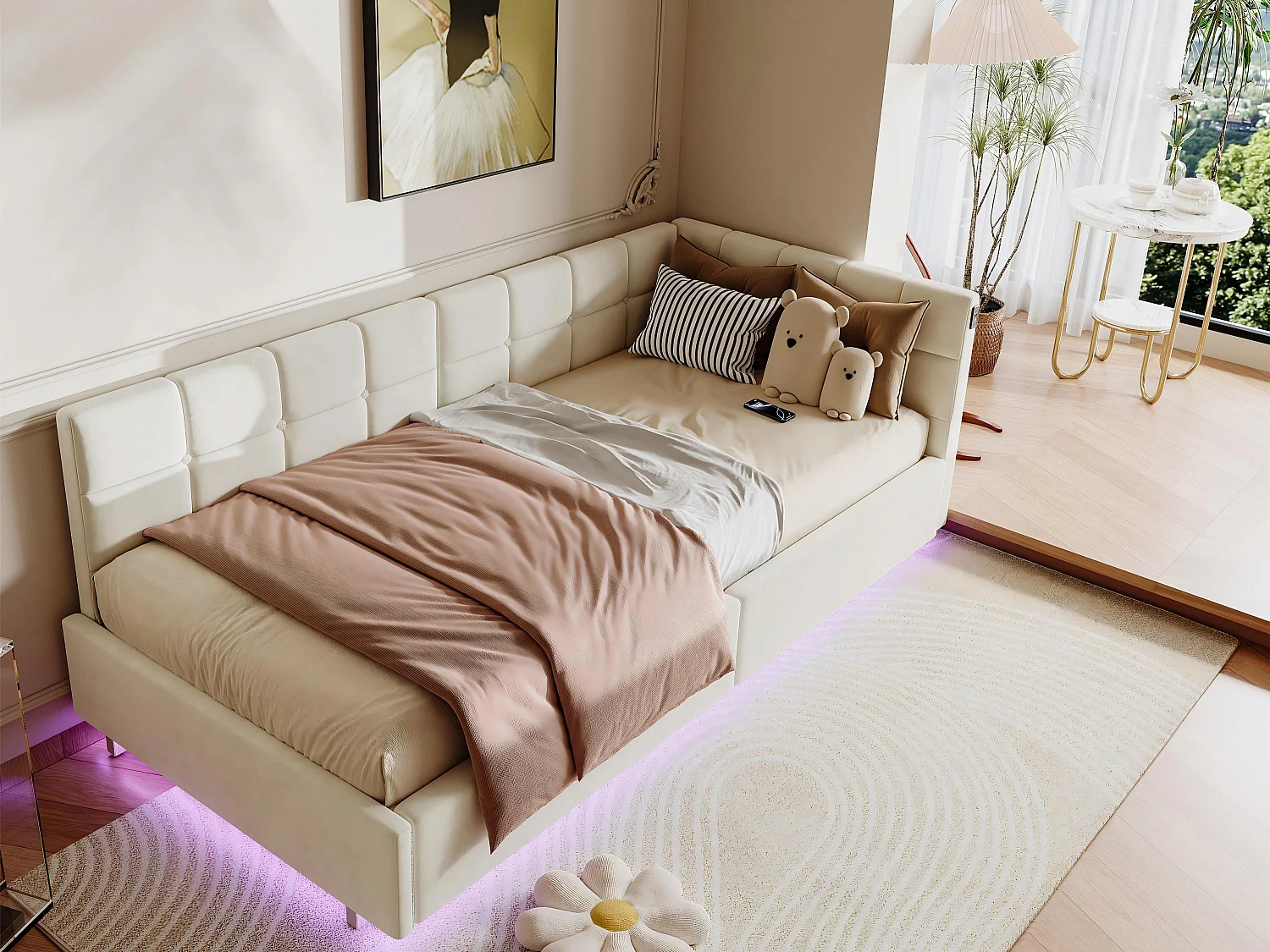 Canapé-lit 90x200 cm avec LED, USB et sommier à lattes – Tissu beige