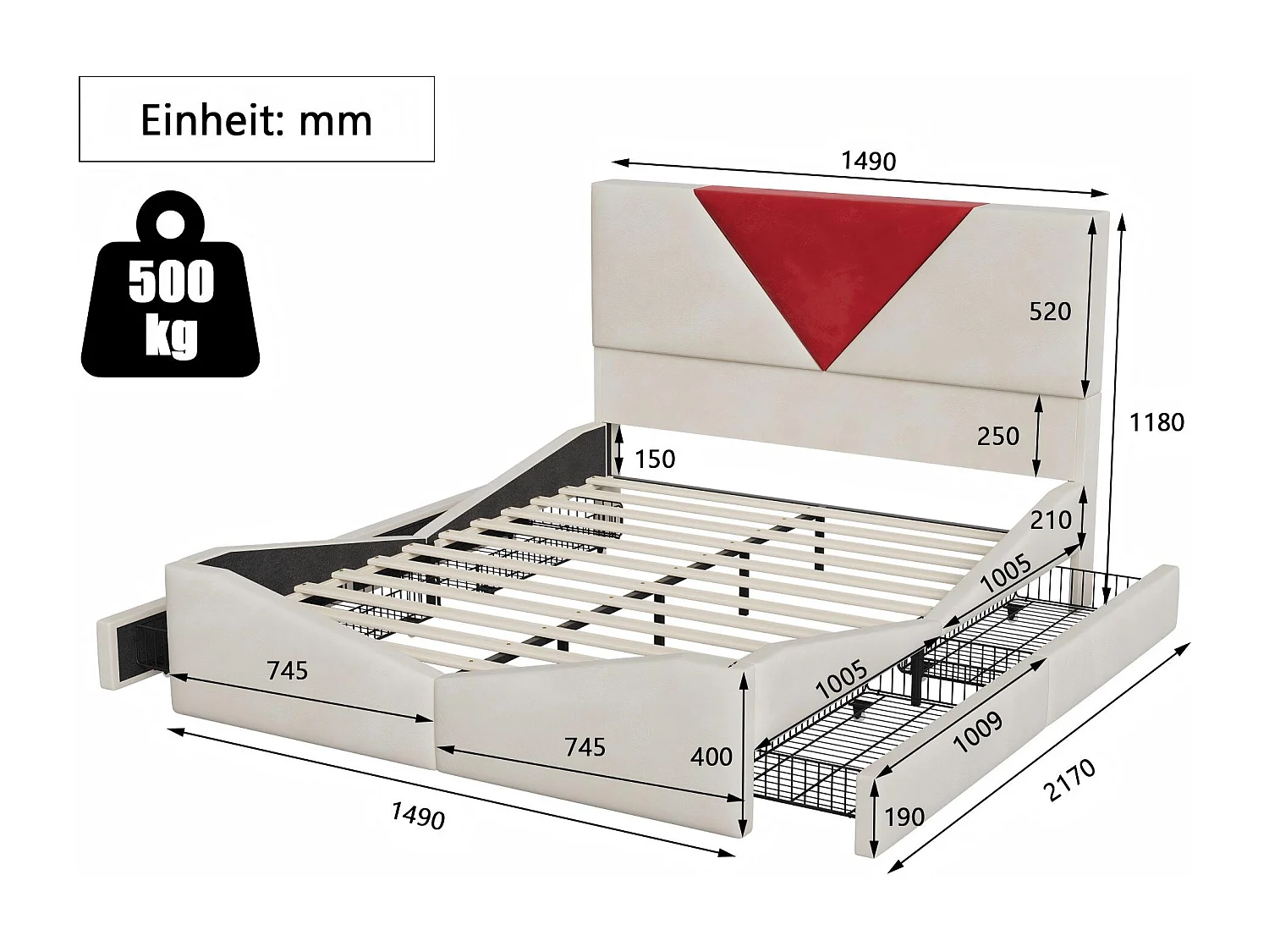 Lit 140x200 avec rangement, lit coffre tissu, tête de lit rembourrée bicolore, cadre avec sommier à lattes