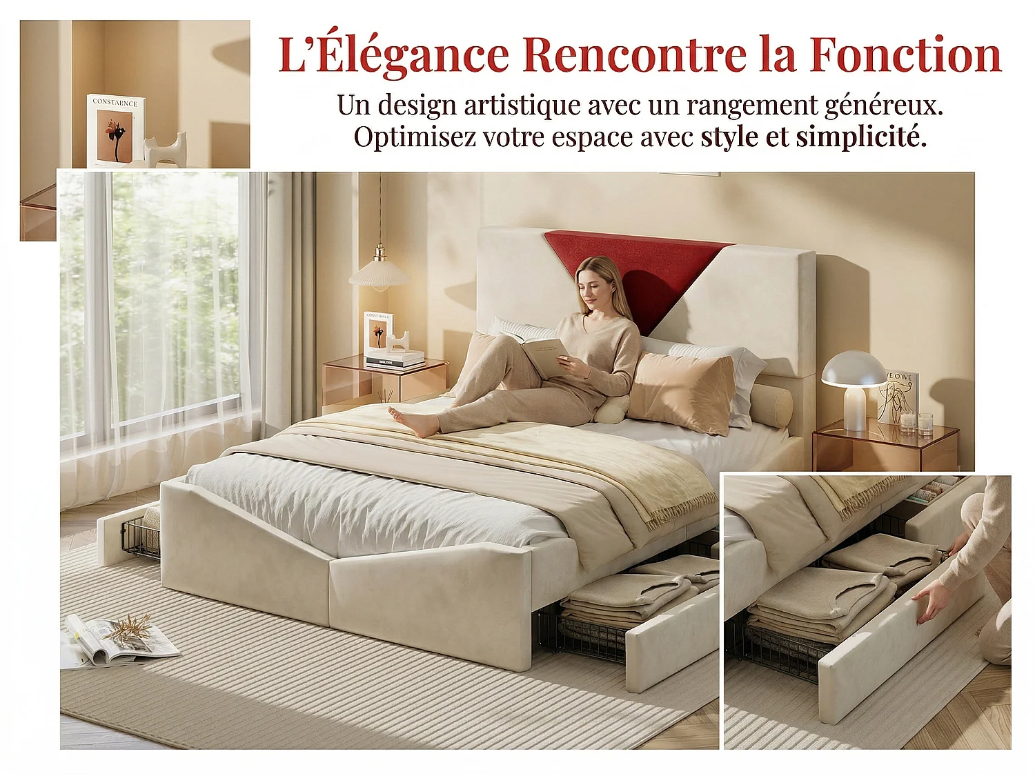 Lit 140x200 avec rangement, lit coffre tissu, tête de lit rembourrée bicolore, cadre avec sommier à lattes