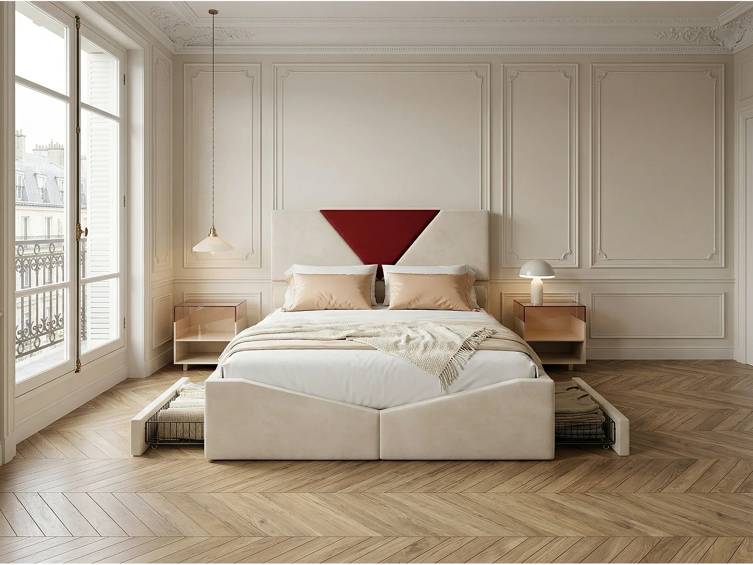 Lit 140x200 cm - Rangement - Lit coffre tissu - Tête de lit rembourrée bicolore - Sommier à lattes inclus