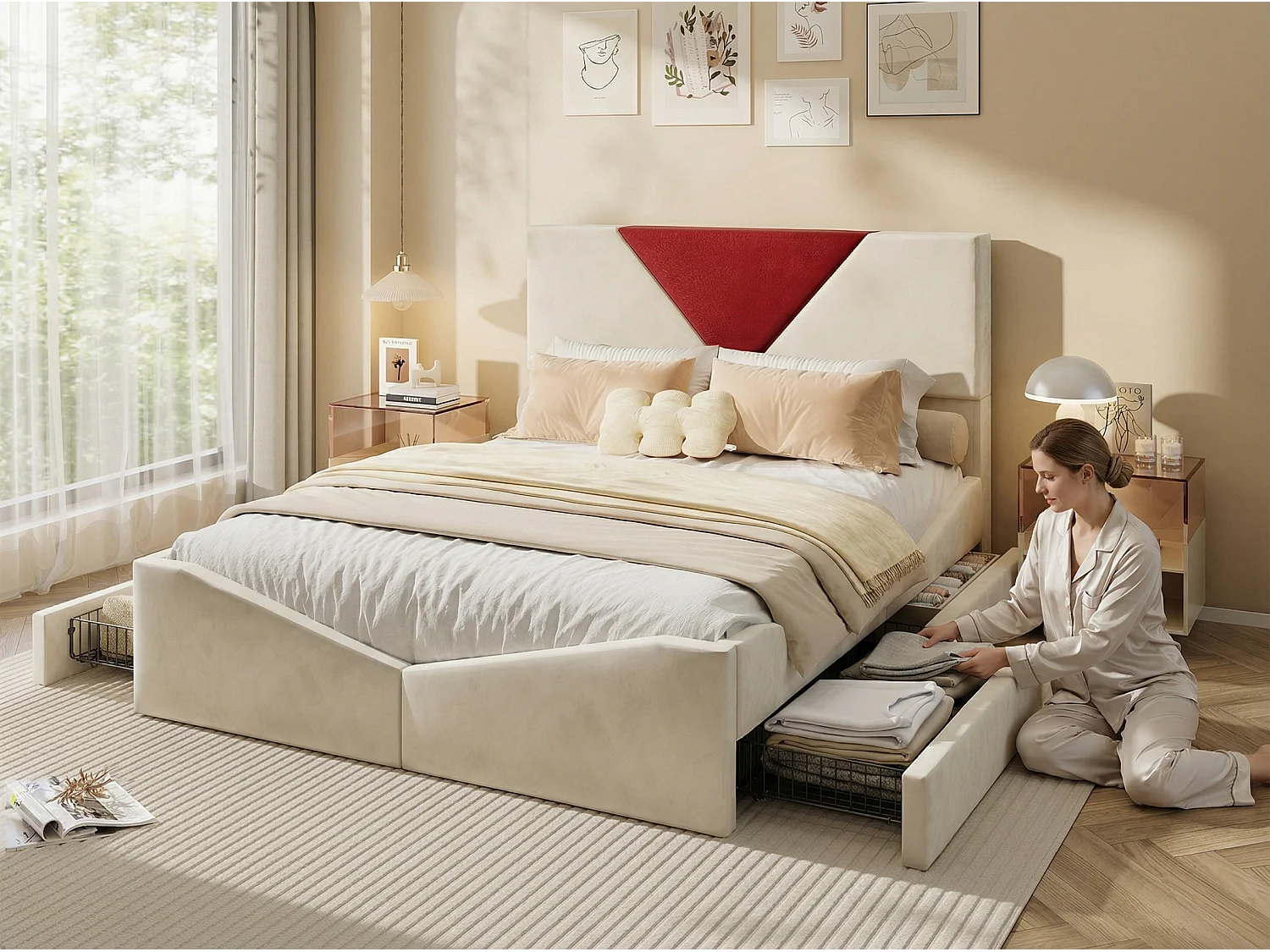 Lit 140x200 cm - Rangement - Lit coffre tissu - Tête de lit rembourrée bicolore - Sommier à lattes inclus