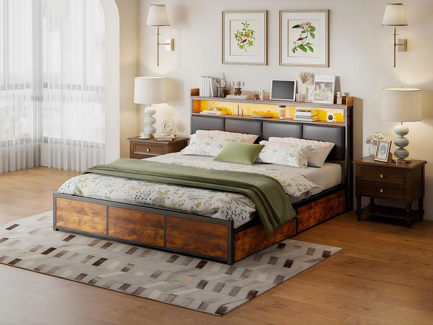 Lit 160x200 cm avec Rangement, Lit avec 4 Tiroirs de rangement, Tête de Lit avec Étagère